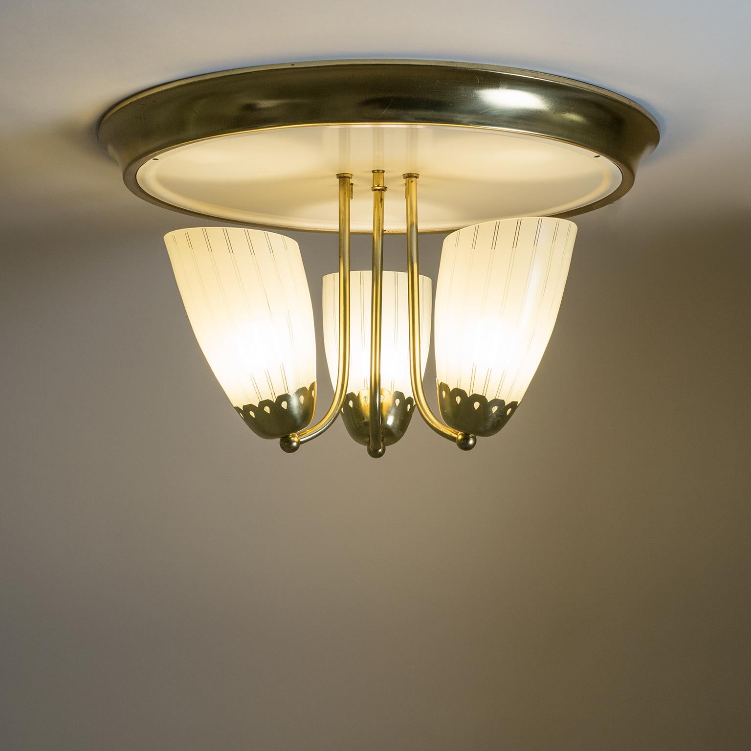 German 1950s Brass Flush Mount with Striped Glass