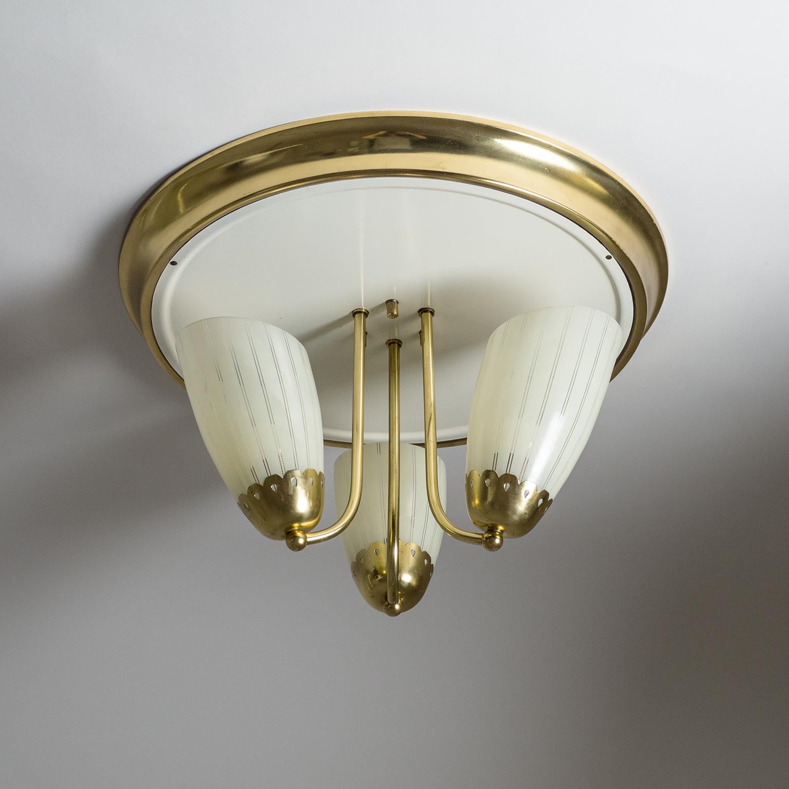 1950s Brass Flush Mount with Striped Glass In Good Condition In Vienna, AT