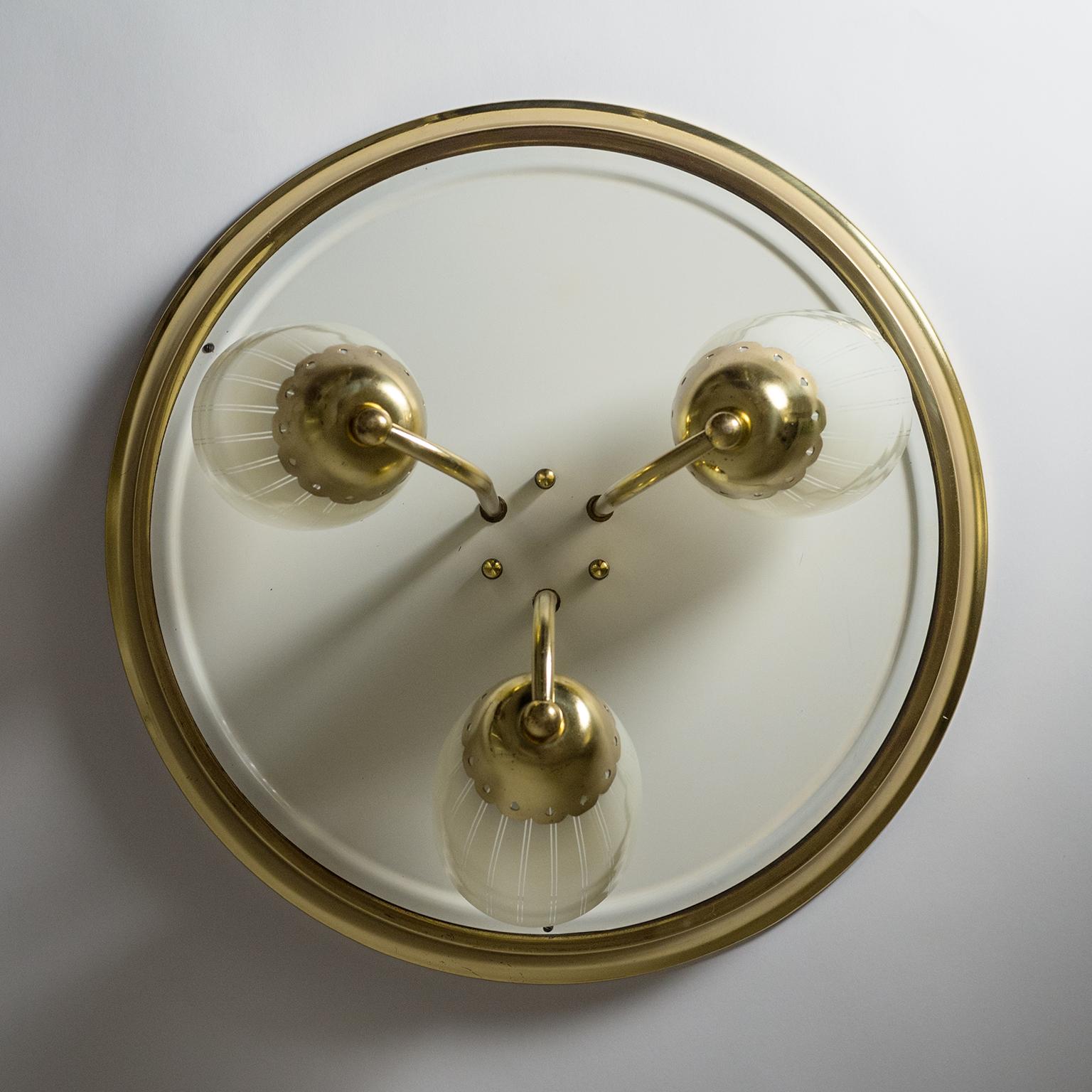 Mid-20th Century 1950s Brass Flush Mount with Striped Glass