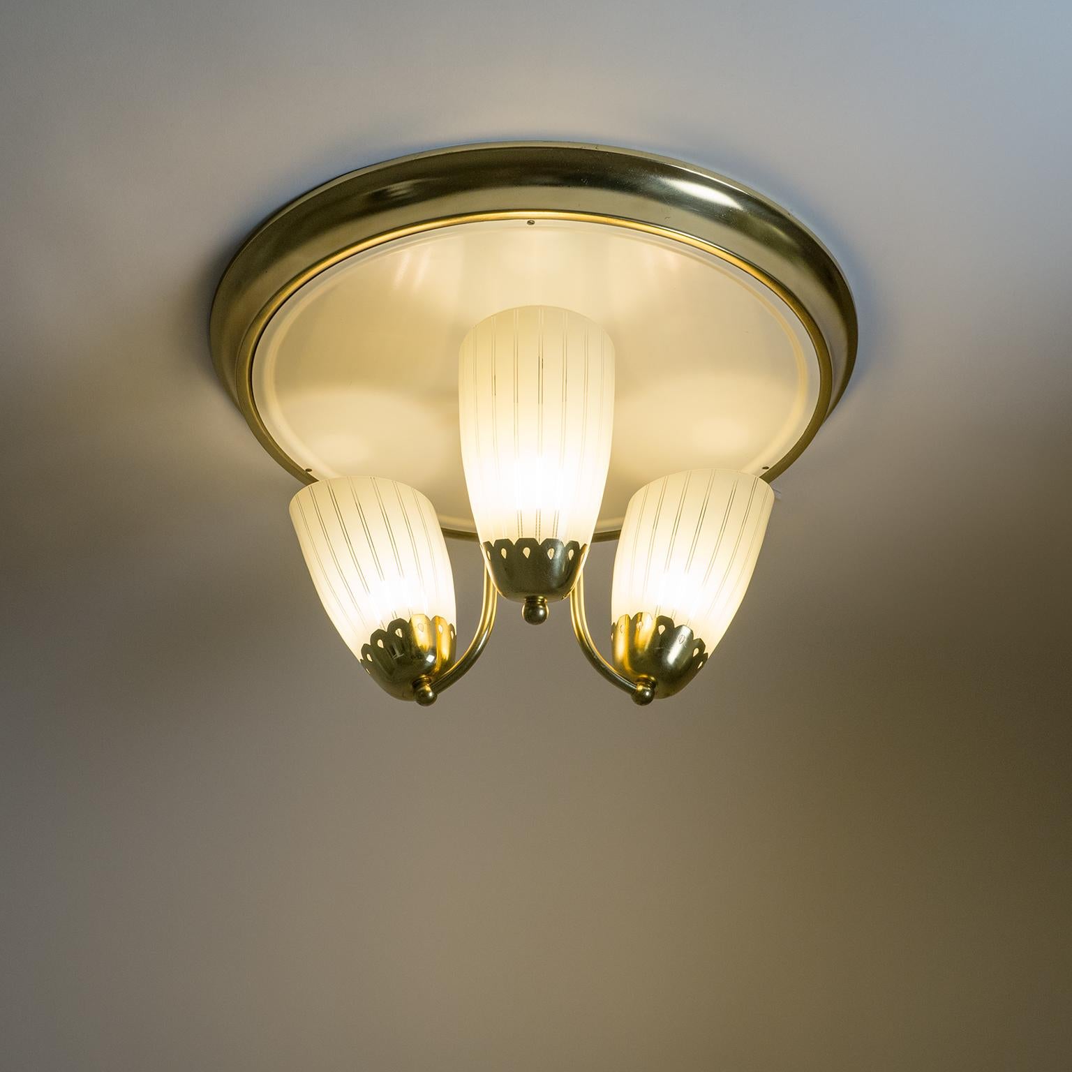 1950s Brass Flush Mount with Striped Glass 2