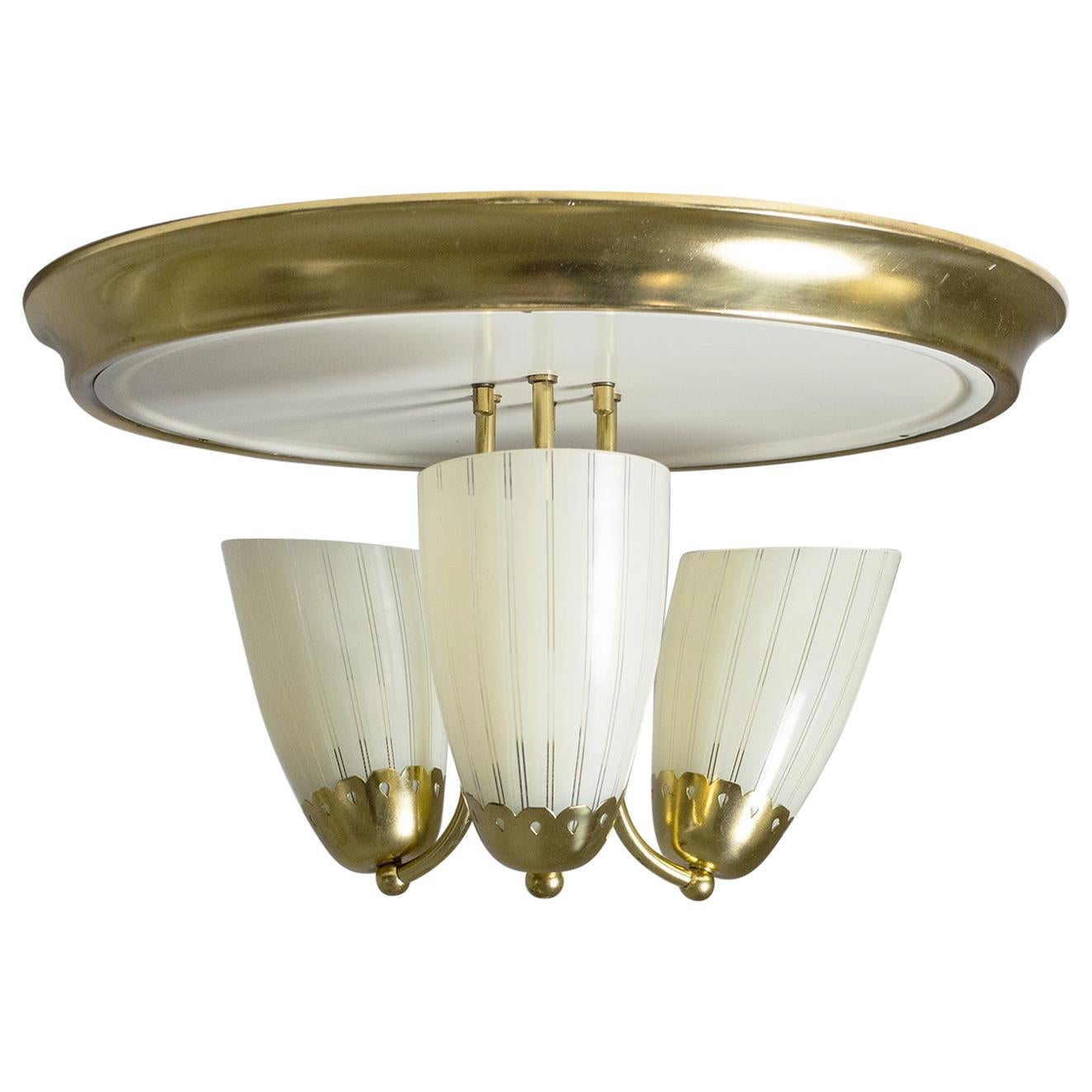 1950s Brass Flush Mount with Striped Glass