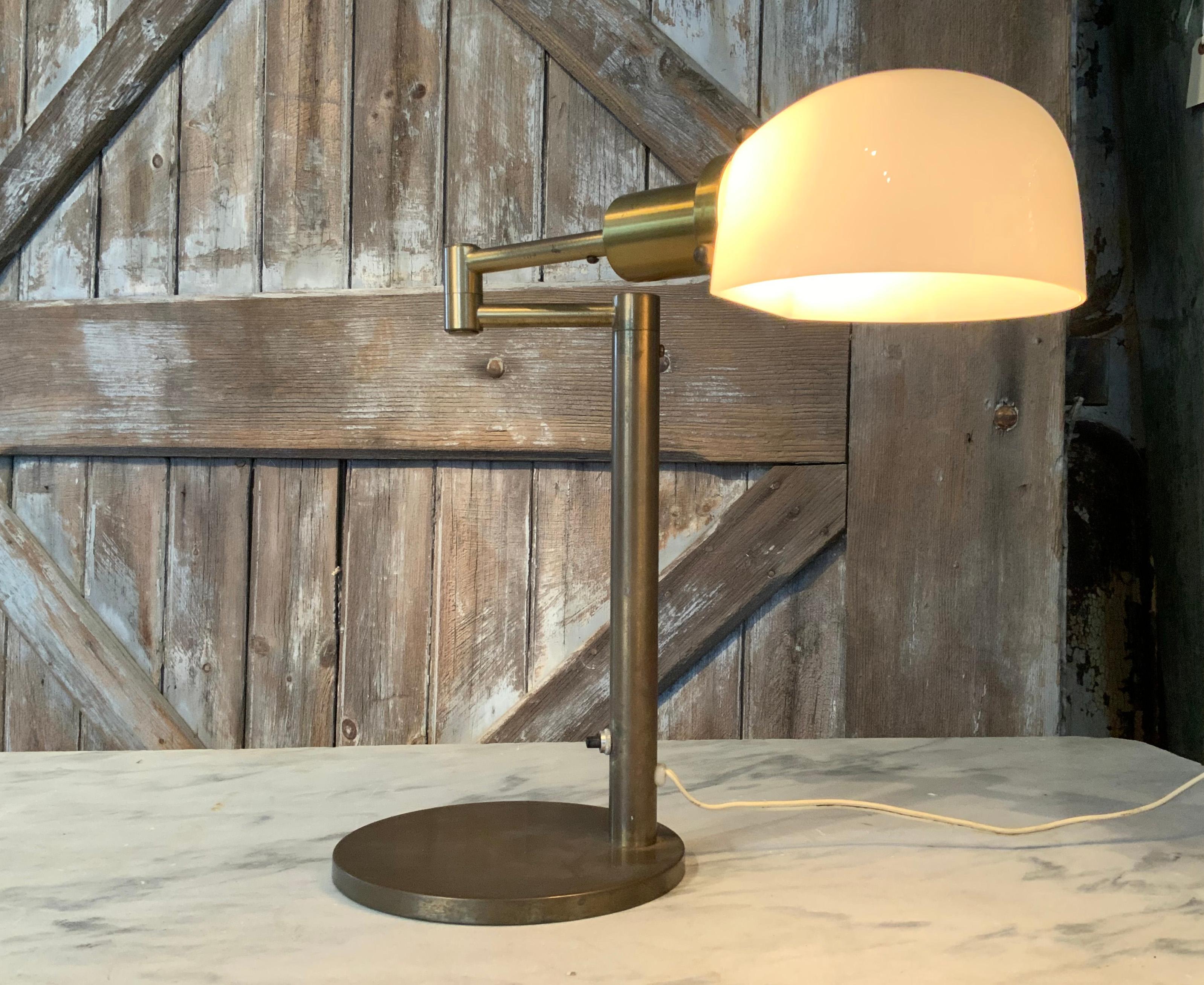 1950's Brass & Glass Adjustable Desk Lamp by Nessen In Good Condition In Hudson, NY