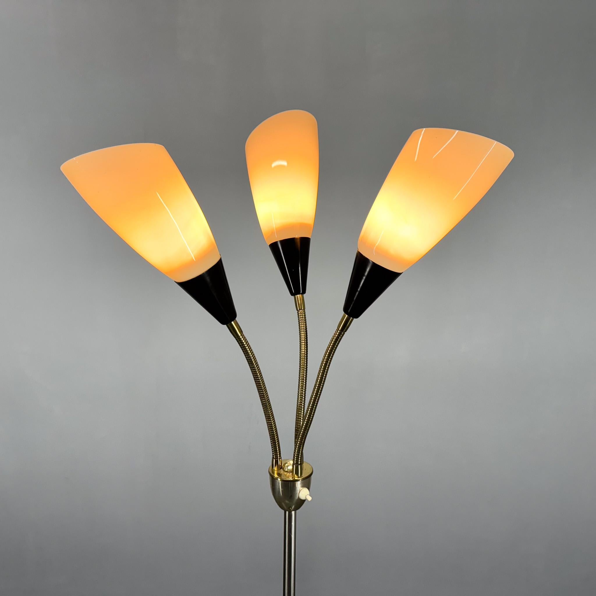 1950s Brass & Glass Adjustable Floor Lamp with Wooden Detail For Sale 7
