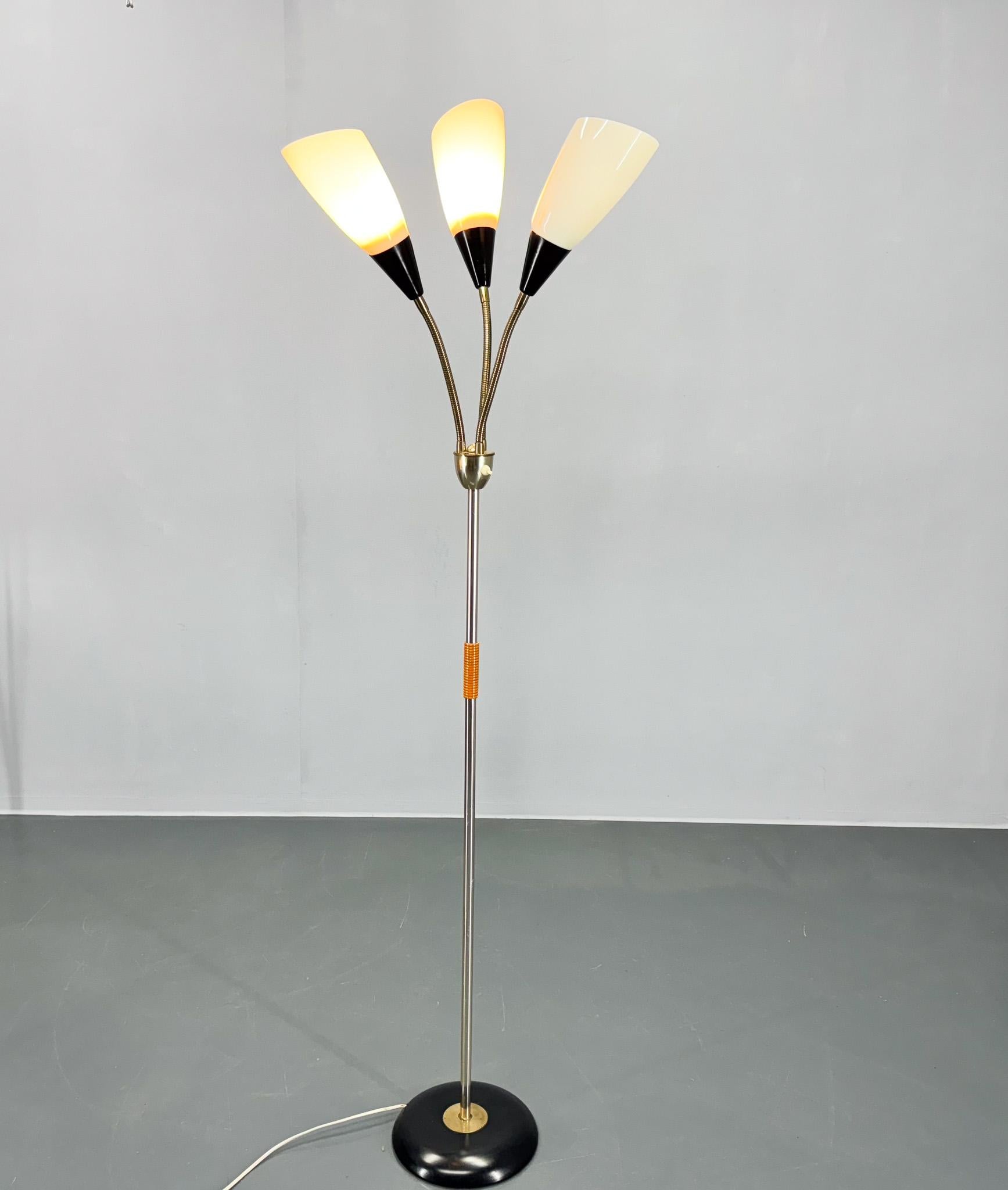 1950s Brass & Glass Adjustable Floor Lamp with Wooden Detail For Sale 9