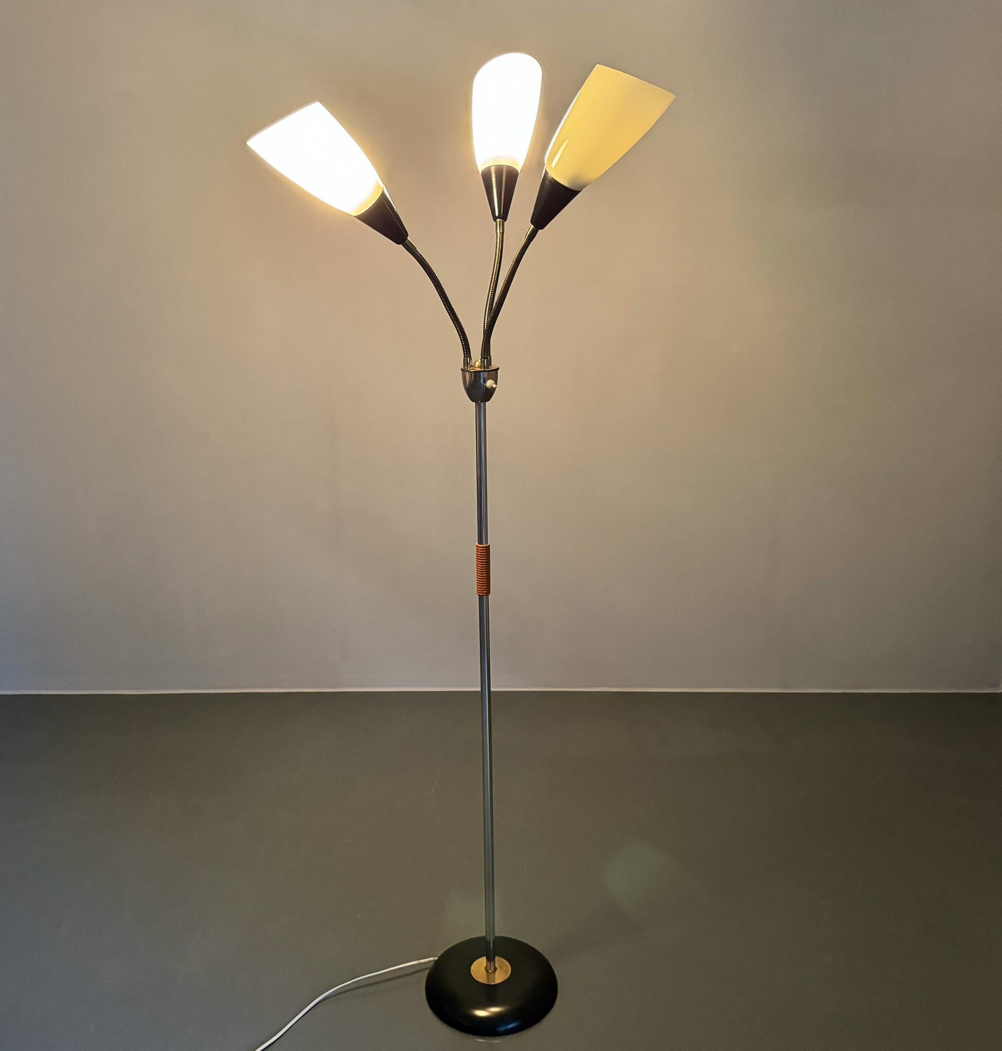 German 1950s Brass & Glass Adjustable Floor Lamp with Wooden Detail For Sale