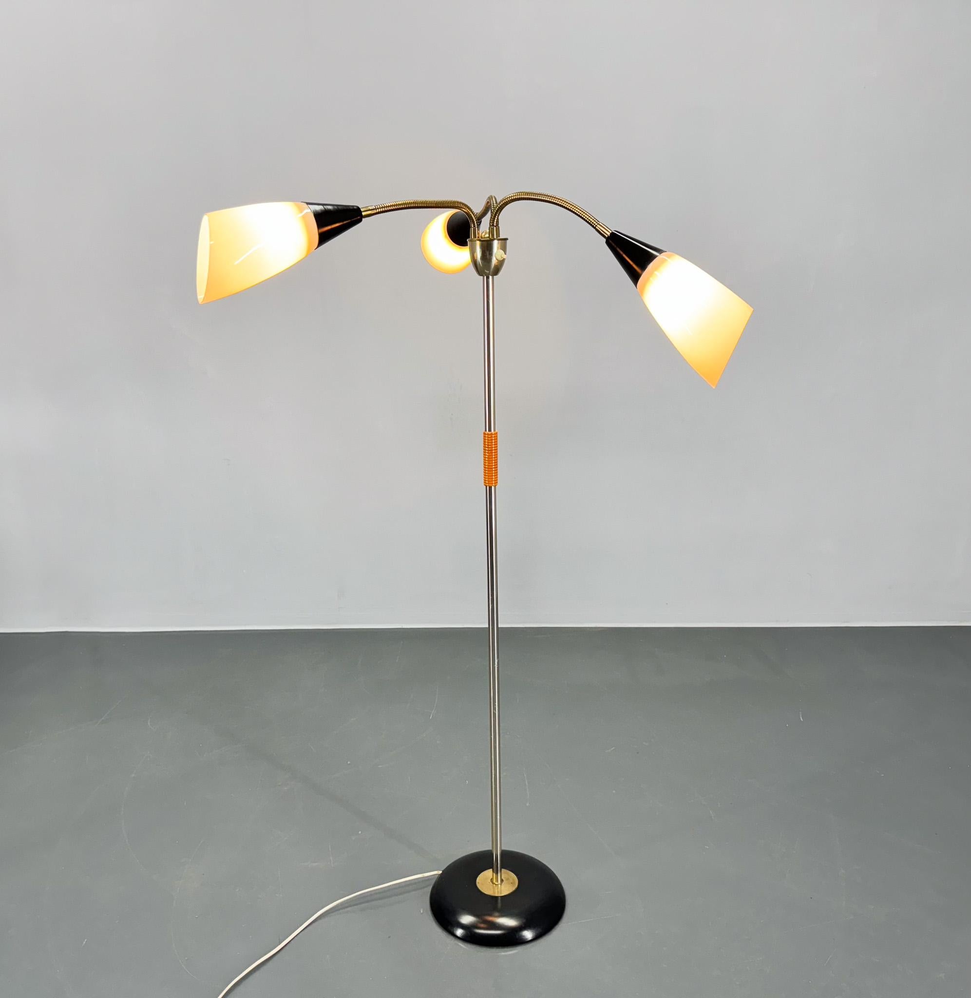 20th Century 1950s Brass & Glass Adjustable Floor Lamp with Wooden Detail For Sale