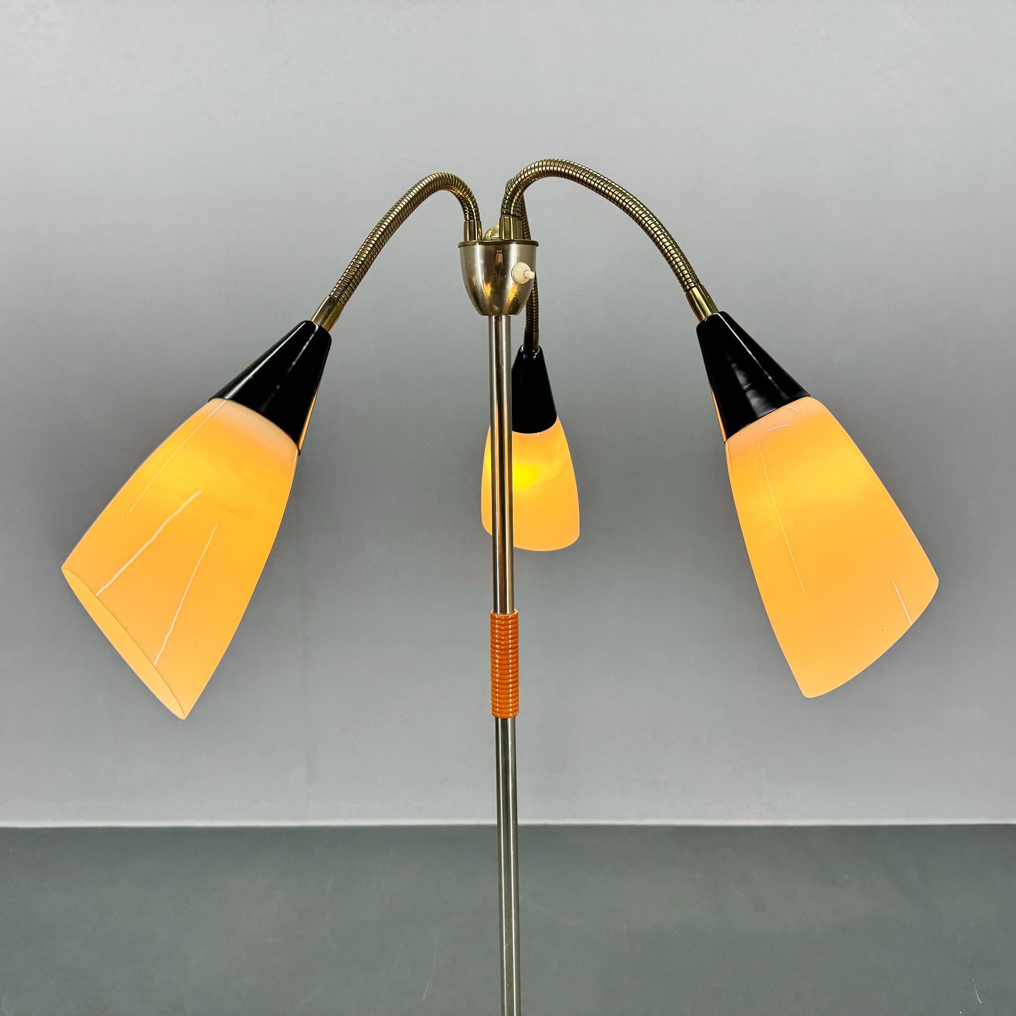 Metal 1950s Brass & Glass Adjustable Floor Lamp with Wooden Detail For Sale