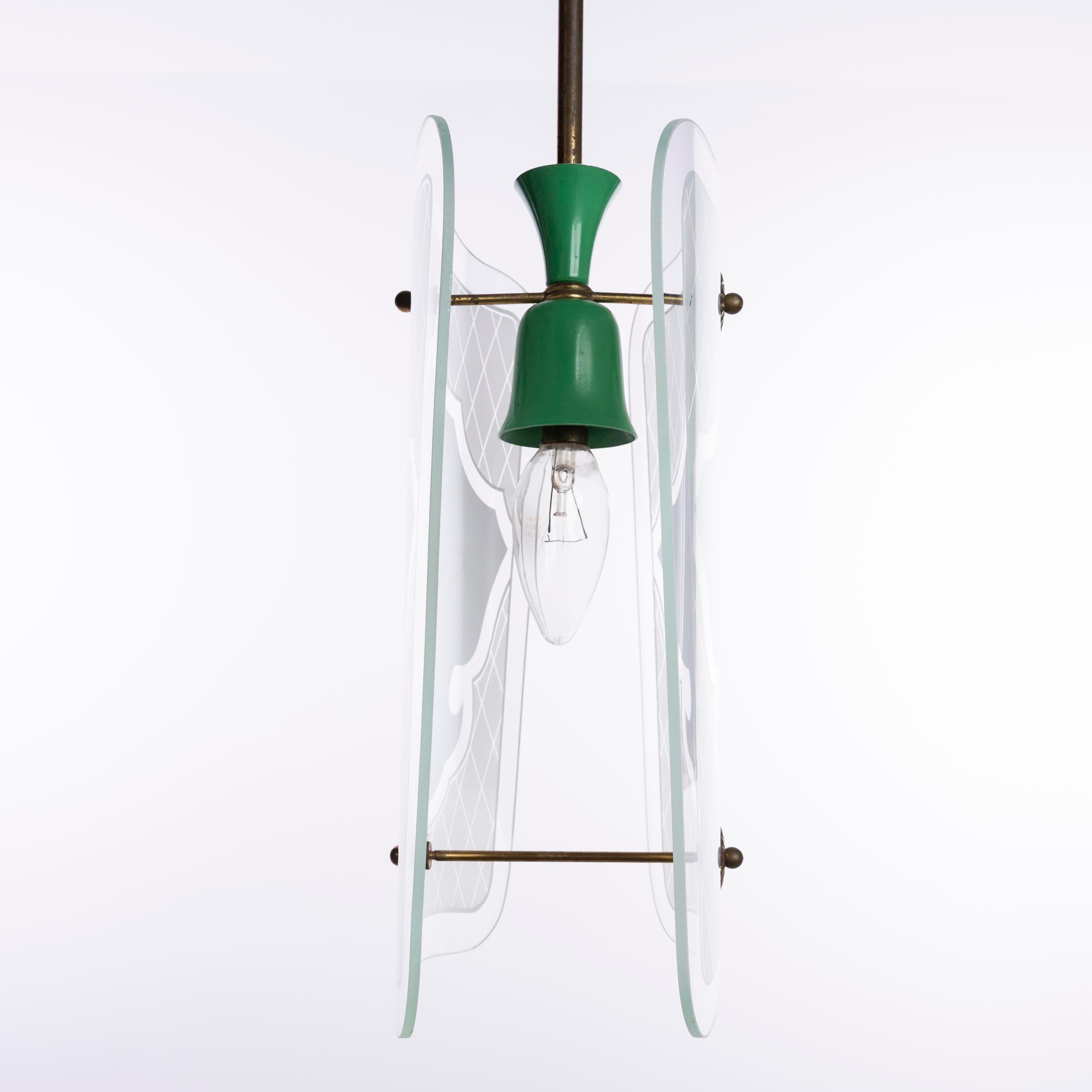 1950s Brass, Glass and Polychrome Lantern in Style of Fontana Arte For Sale 3
