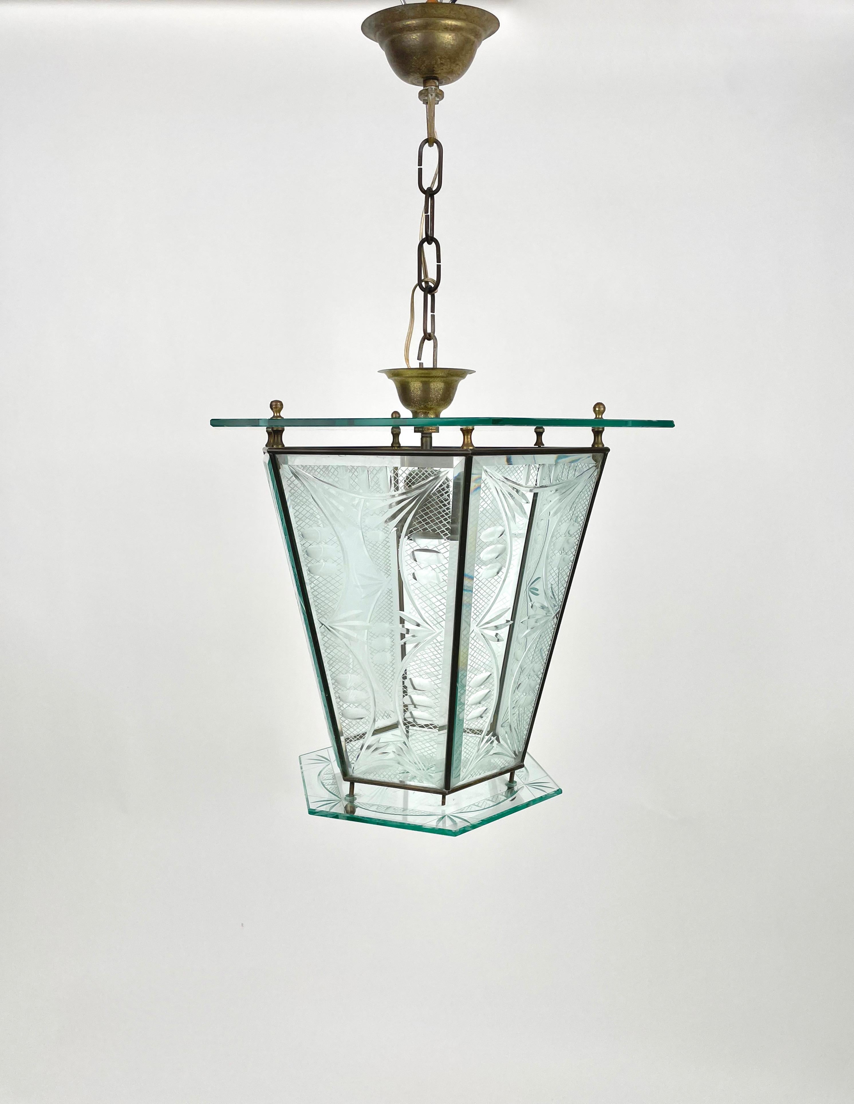 1950s Brass & Glass Chandelier Lantern Attributed to Pietro Chiesa Fontana Arte 3