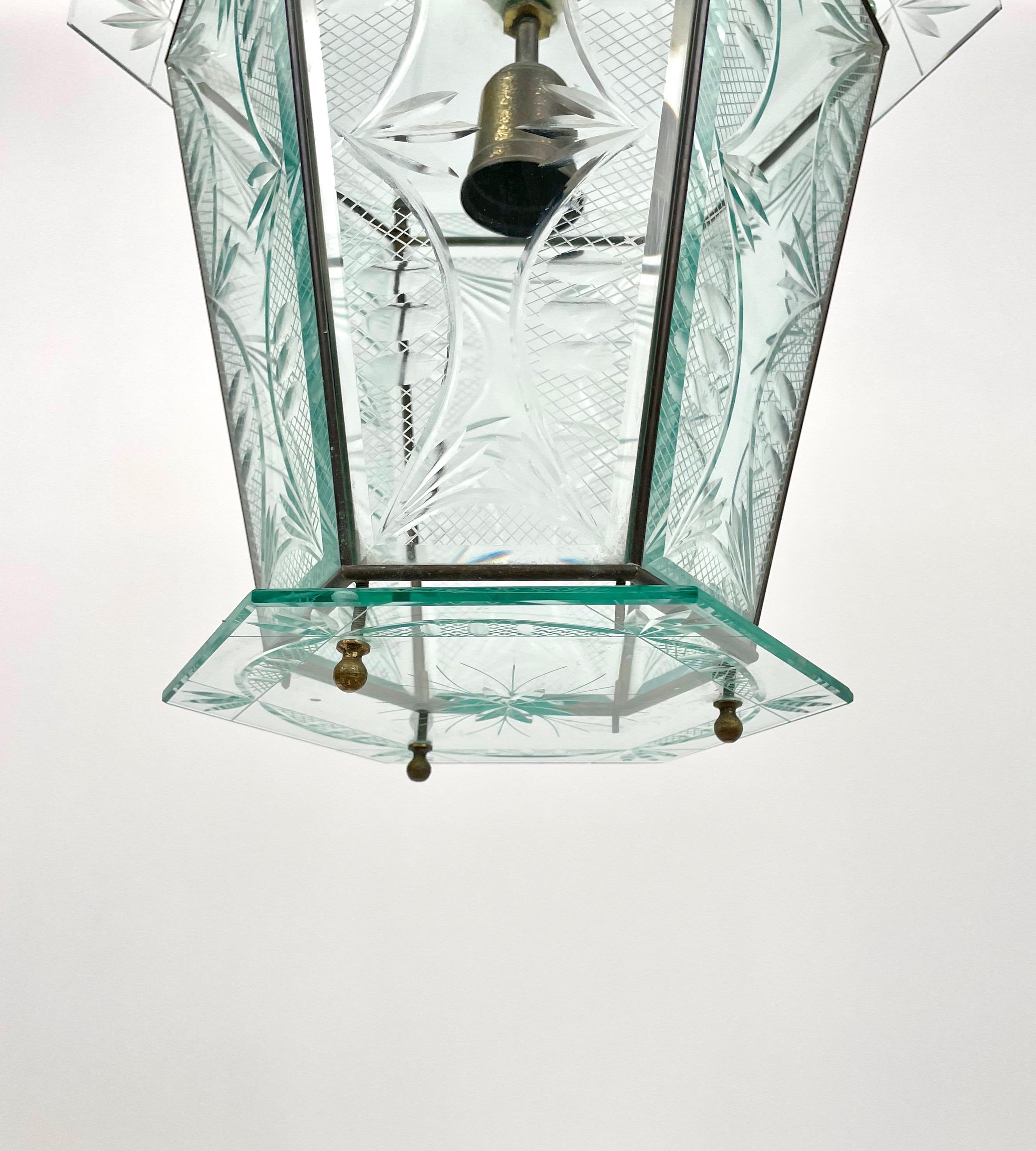 1950s Brass & Glass Chandelier Lantern Attributed to Pietro Chiesa Fontana Arte 4