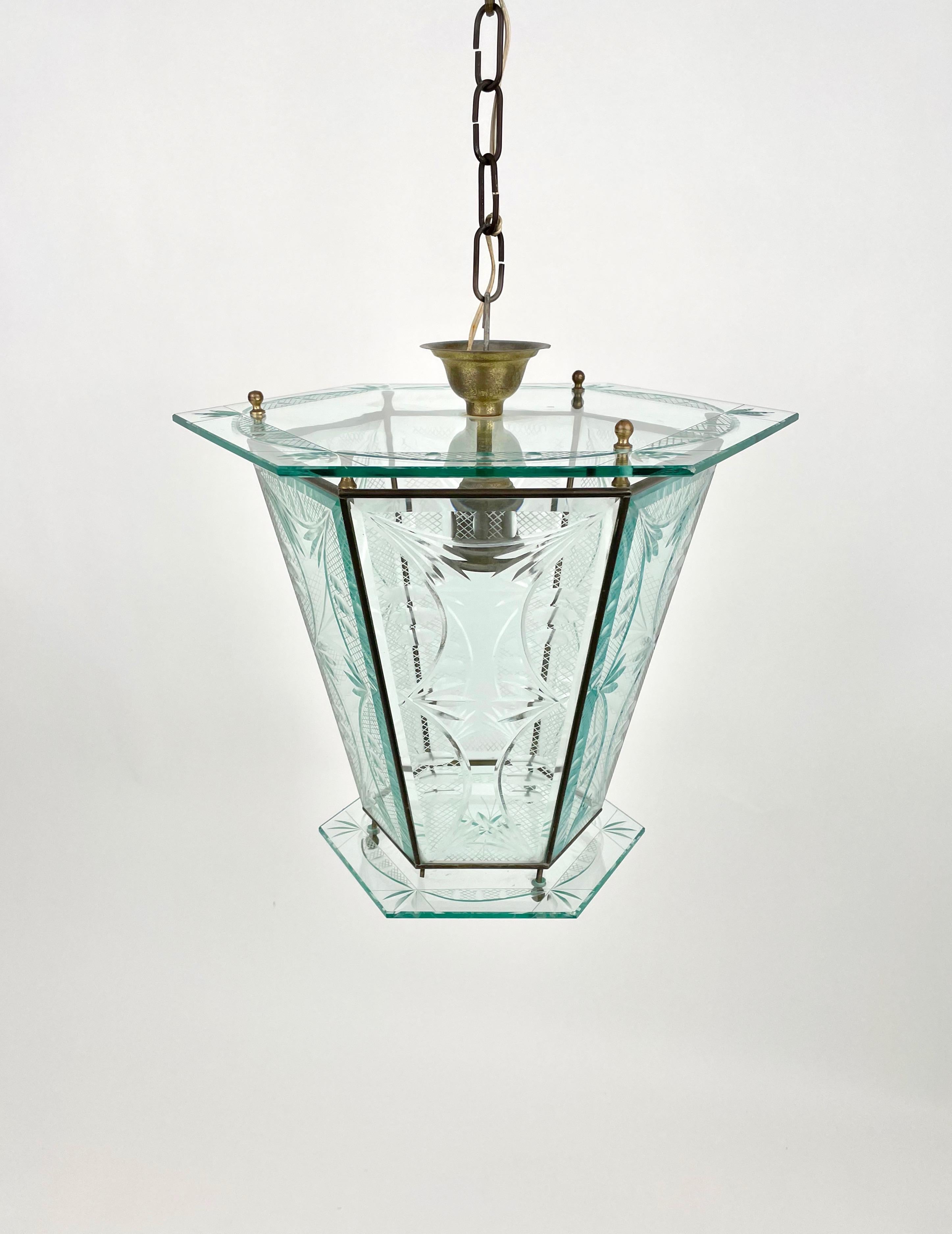 Mid-Century Modern 1950s Brass & Glass Chandelier Lantern Attributed to Pietro Chiesa Fontana Arte