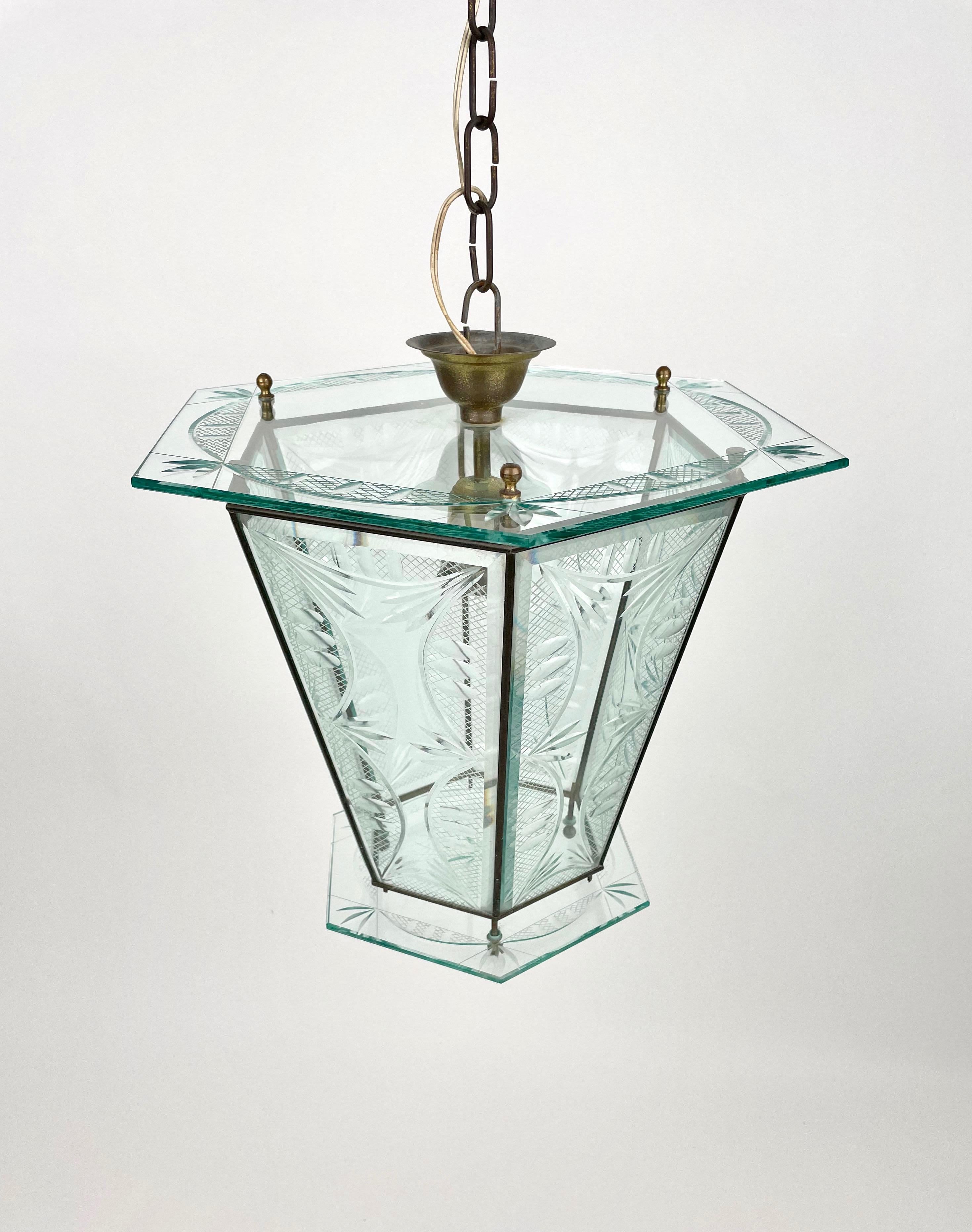 Italian 1950s Brass & Glass Chandelier Lantern Attributed to Pietro Chiesa Fontana Arte