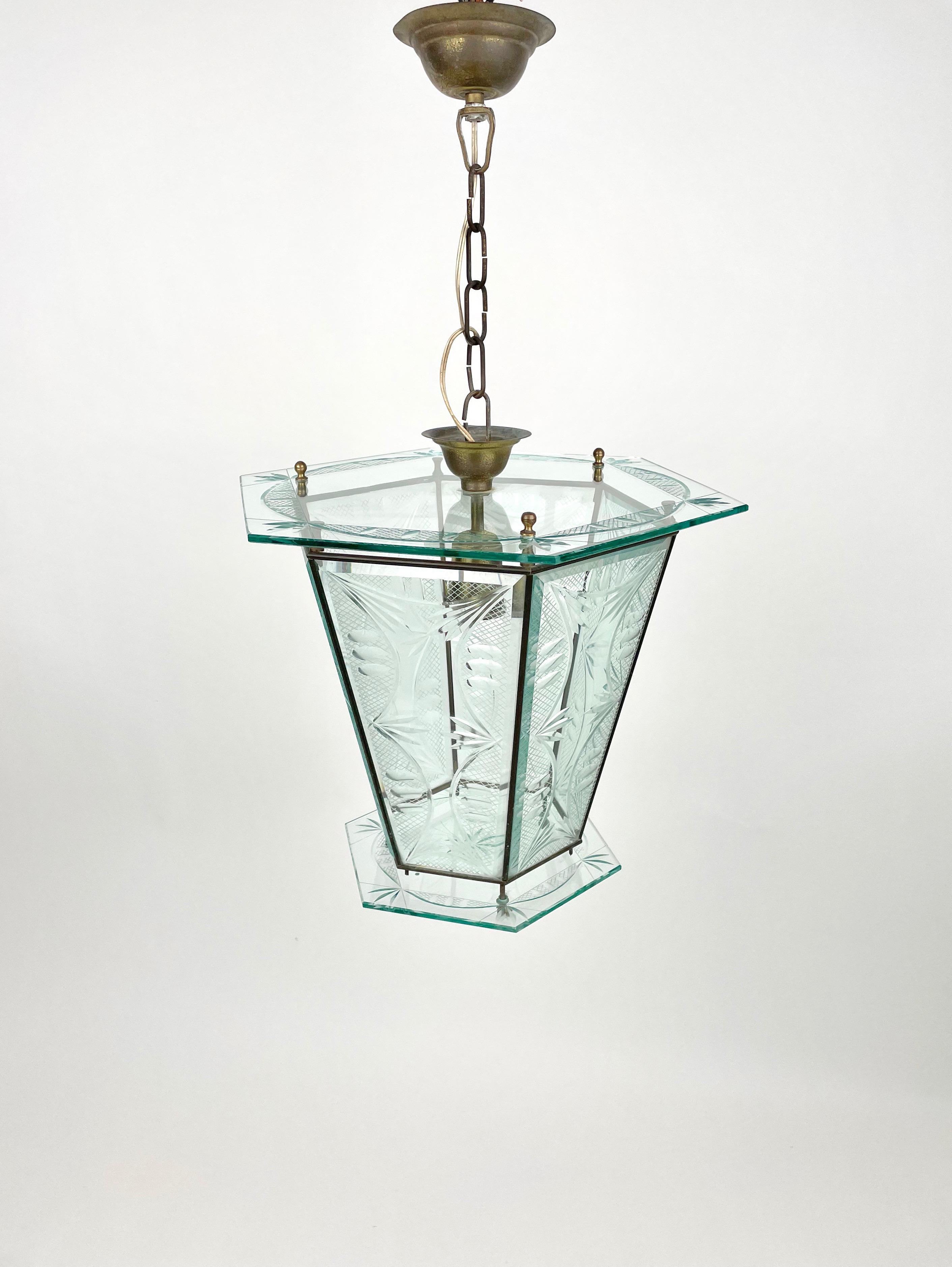 1950s Brass & Glass Chandelier Lantern Attributed to Pietro Chiesa Fontana Arte In Good Condition In Rome, IT