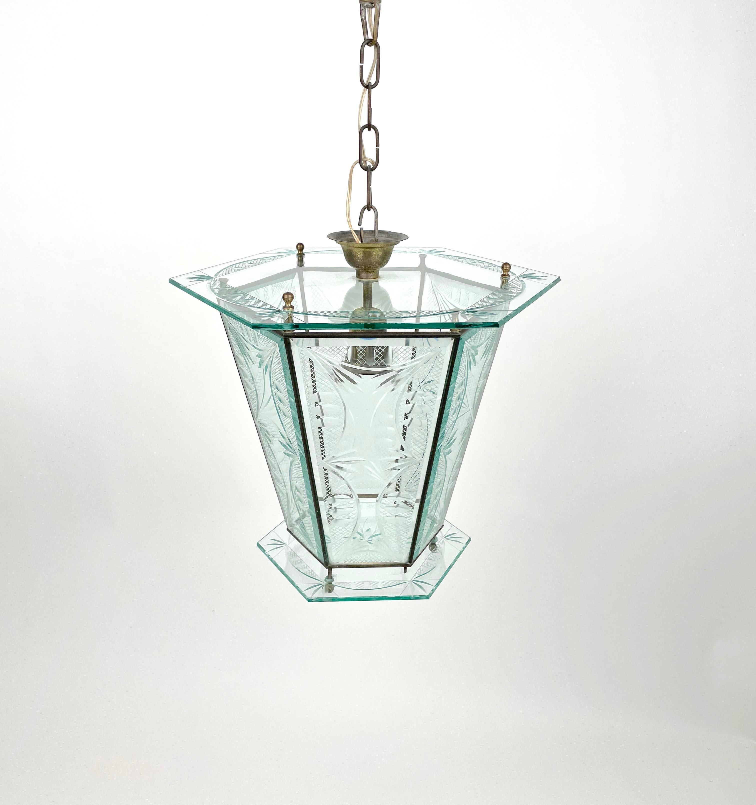 Mid-20th Century 1950s Brass & Glass Chandelier Lantern Attributed to Pietro Chiesa Fontana Arte