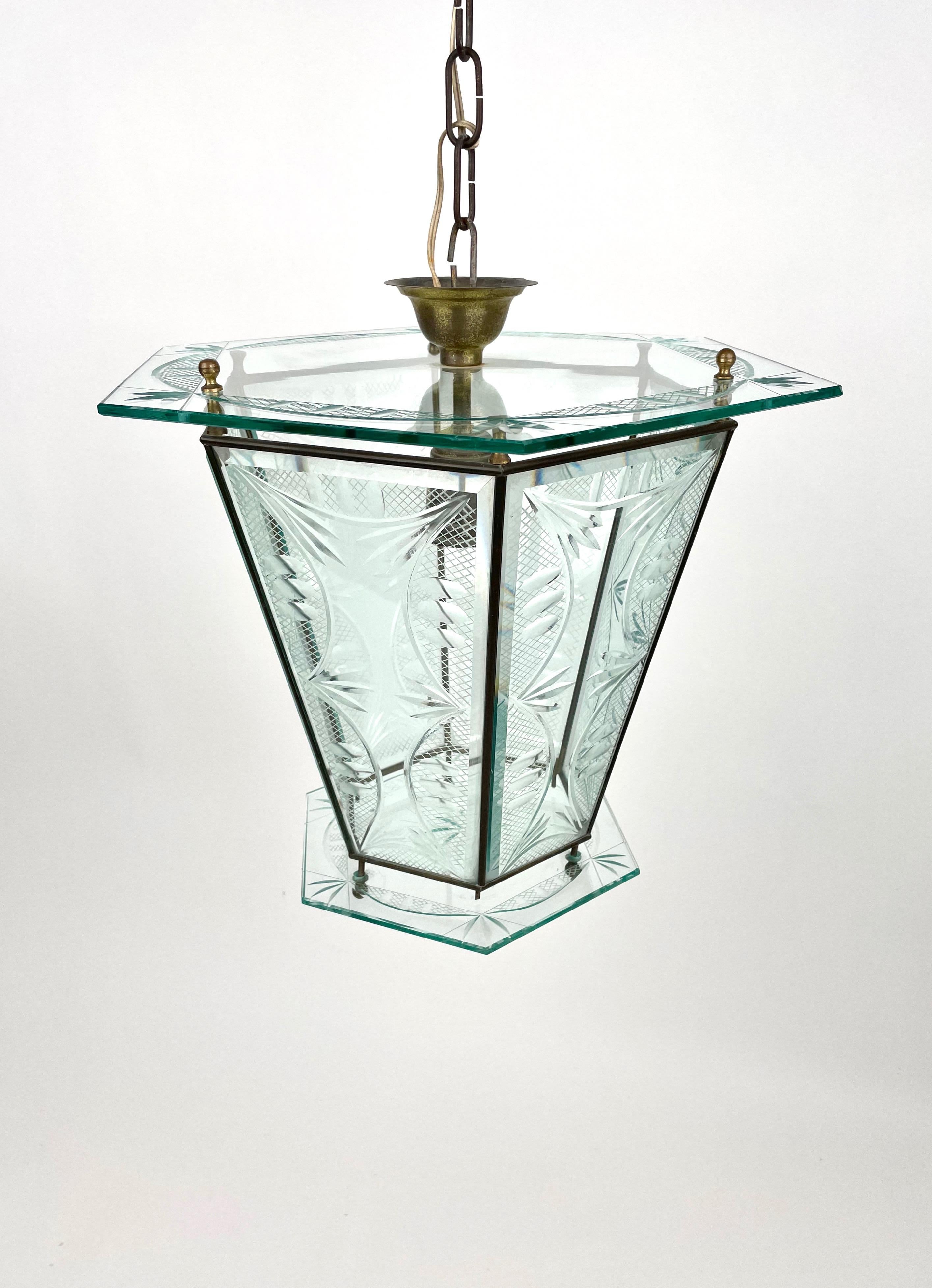 Metal 1950s Brass & Glass Chandelier Lantern Attributed to Pietro Chiesa Fontana Arte
