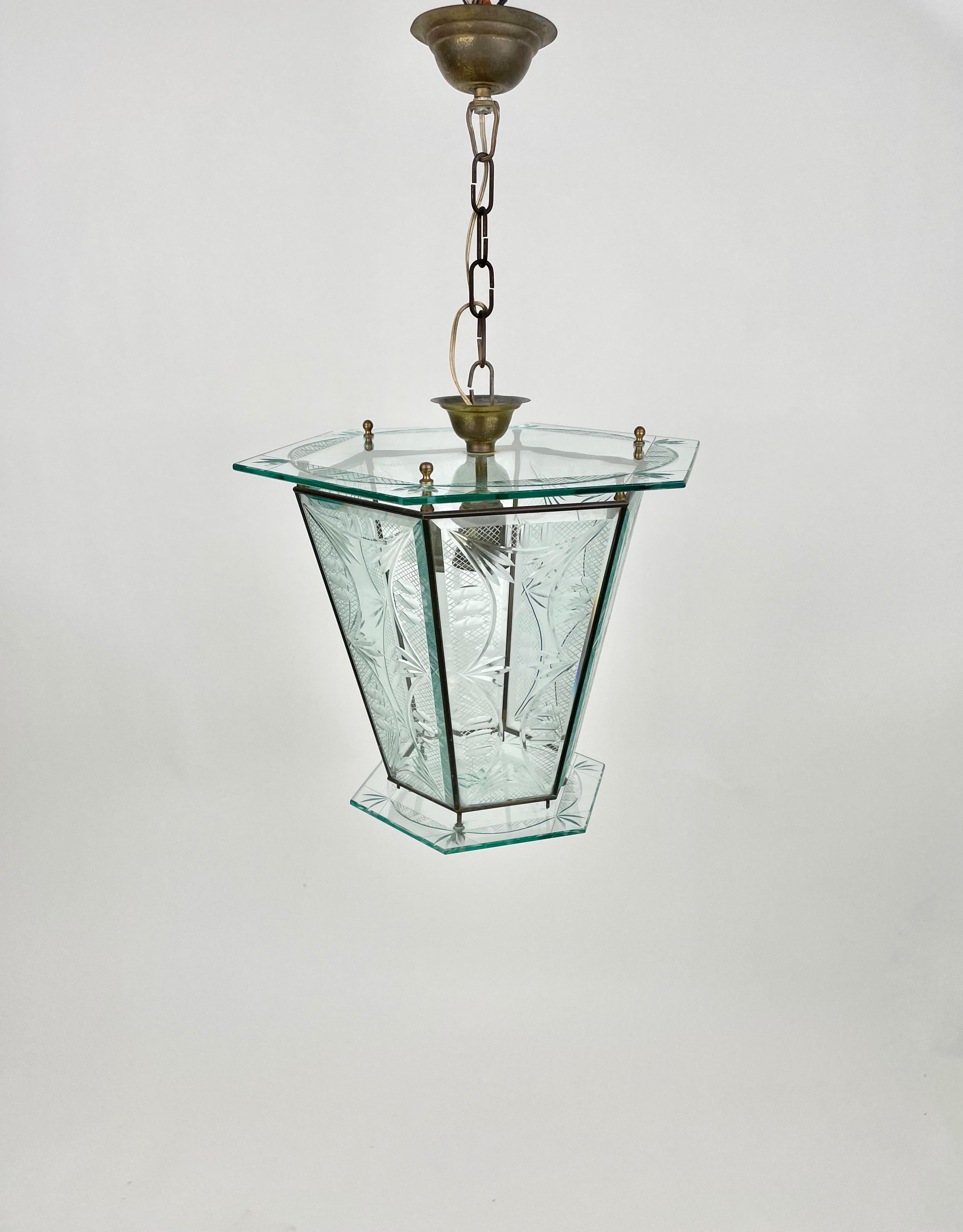 1950s Brass & Glass Chandelier Lantern Attributed to Pietro Chiesa Fontana Arte 2