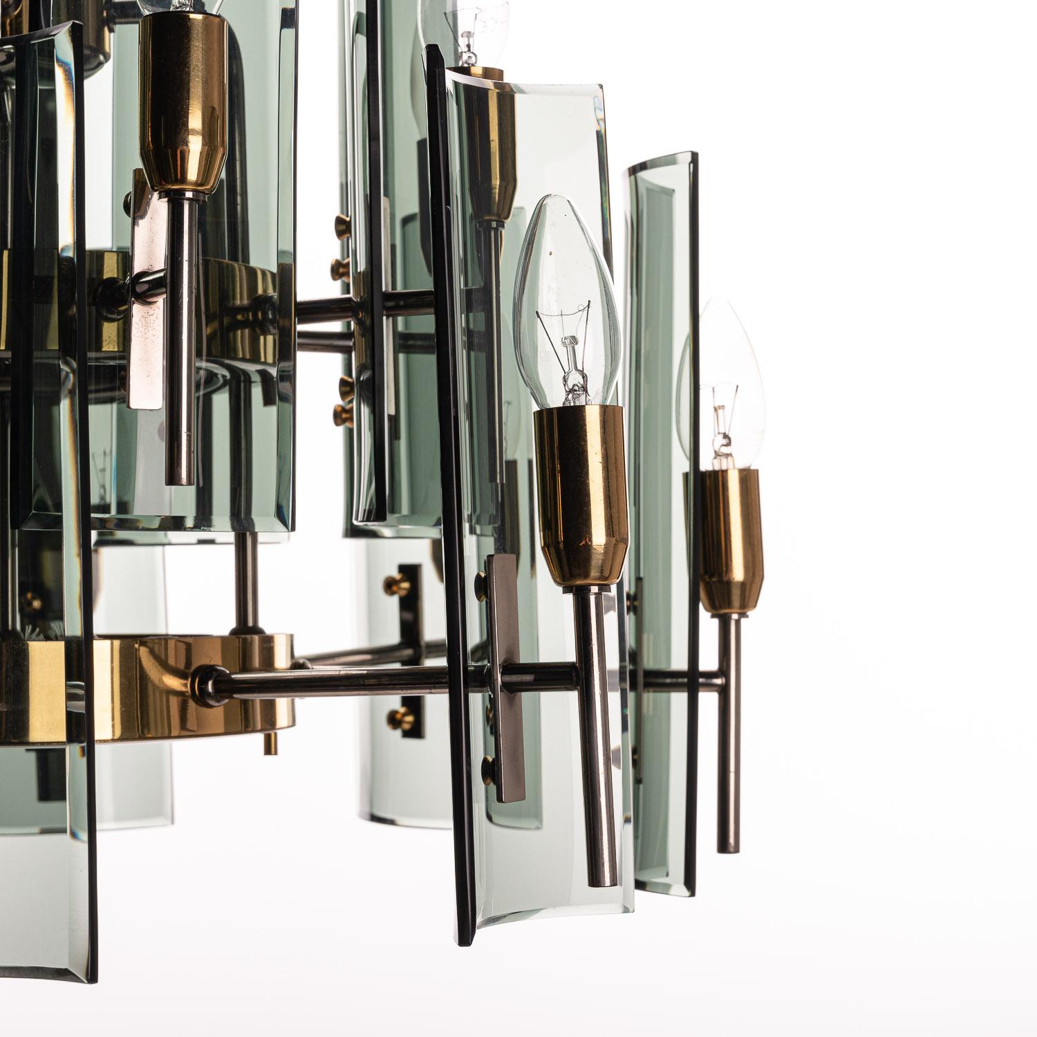 Italian 1950's Brass, Glass & Chrome Chandelier by Cristal Arte For Sale