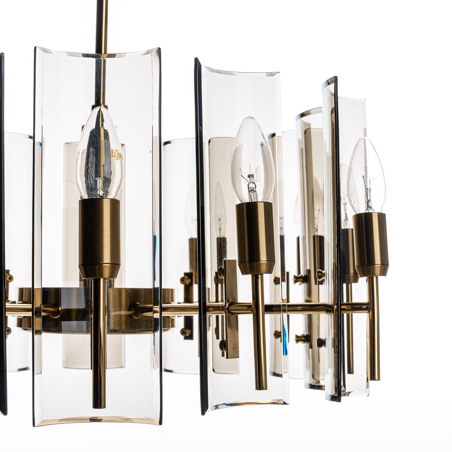 Italian 1950's Brass, Glass & Chrome Chandelier by Cristal Arte For Sale