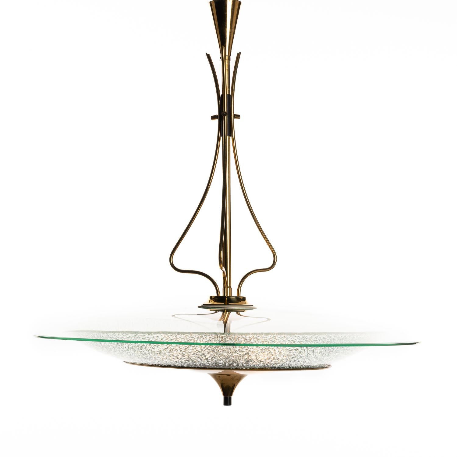 Italian 1950's Brass & Glass Pendant Attributed to Fontana Arte For Sale