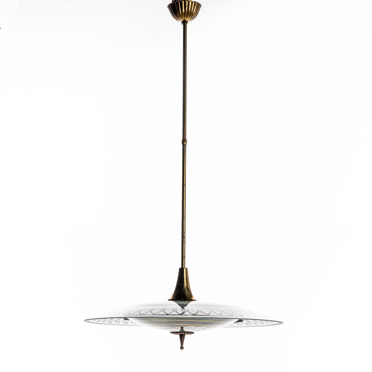 Italian 1950's Brass & Glass Pendant in Style of Pietro Chiesa