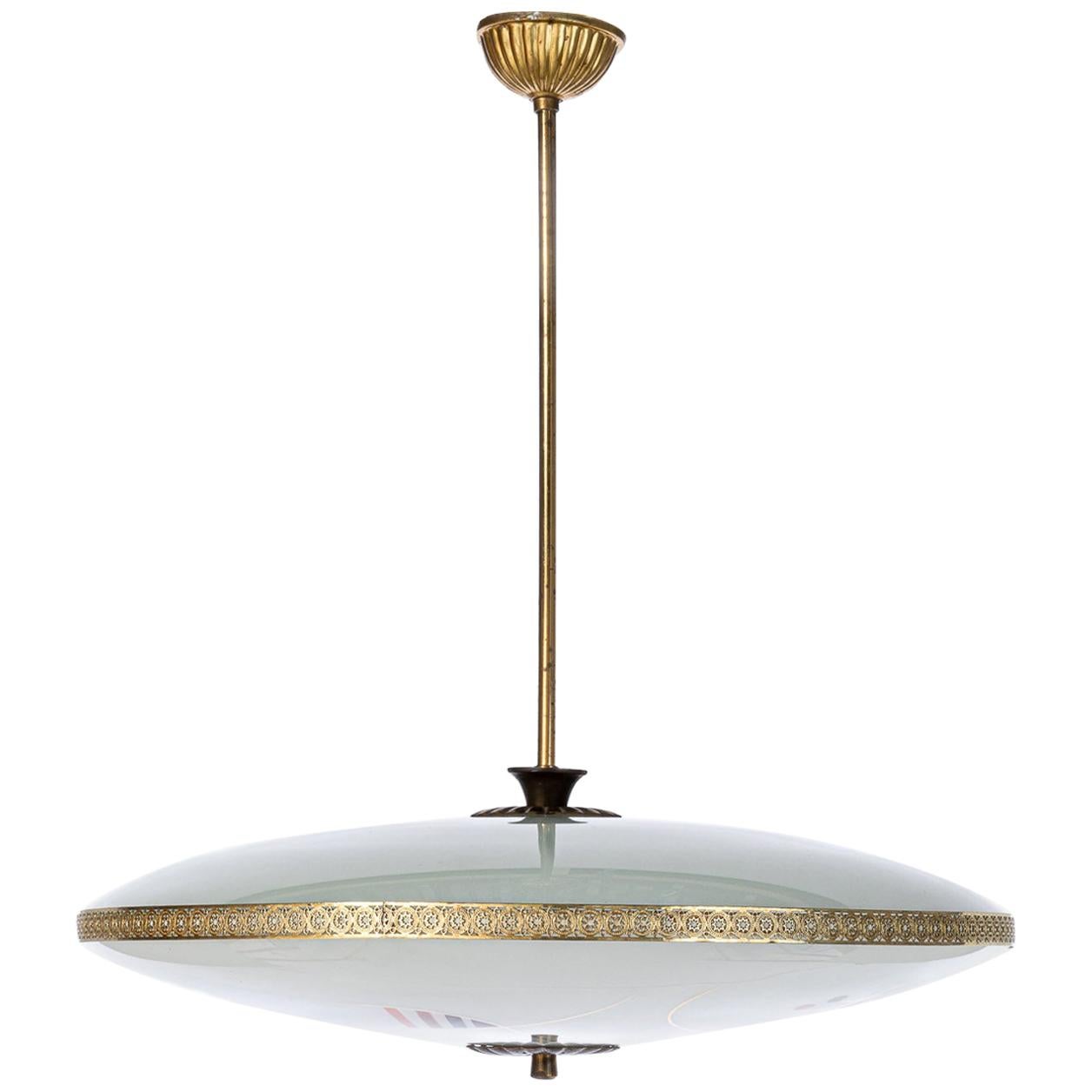 1950's Brass & Glass Pendant in Style of Pietro Chiesa