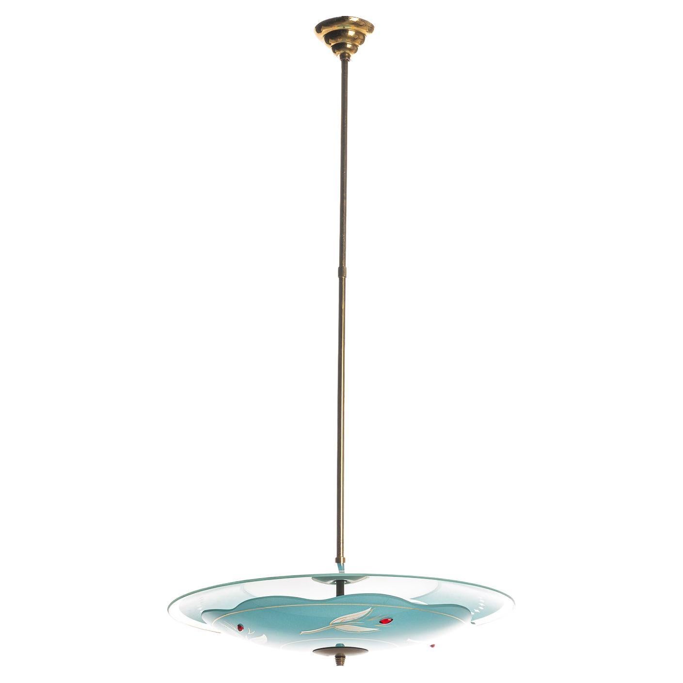 1950's Brass & Glass Pendant in Style of Pietro Chiesa For Sale