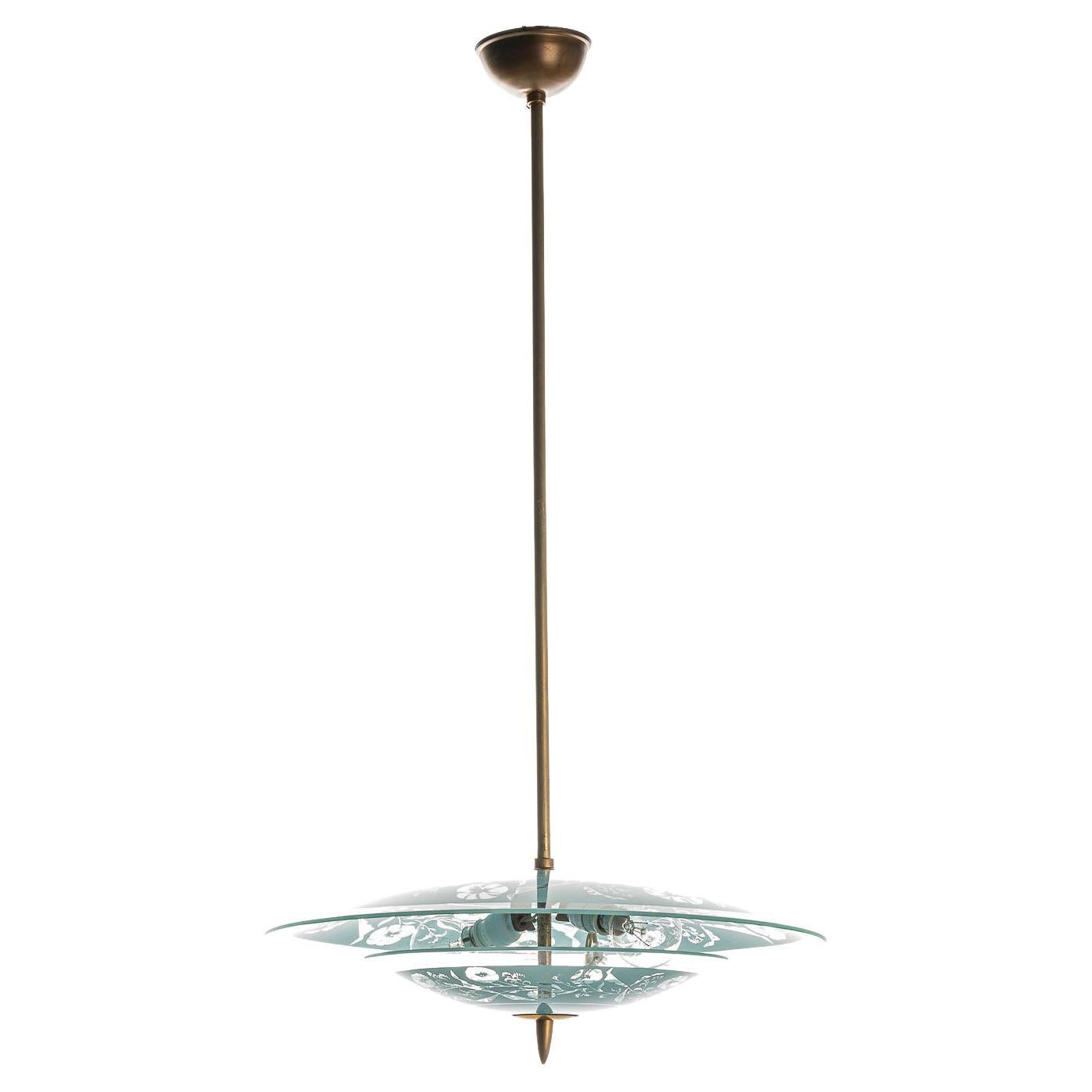 1950's Brass & Glass Pendant in style of Pietro Chiesa For Sale