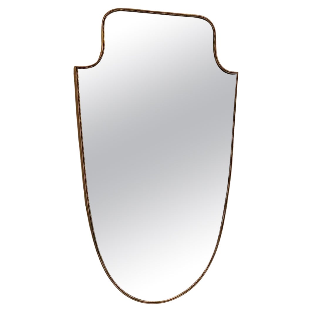 1950s Brass Mirror with Beading-Shield Like Shape, Italy