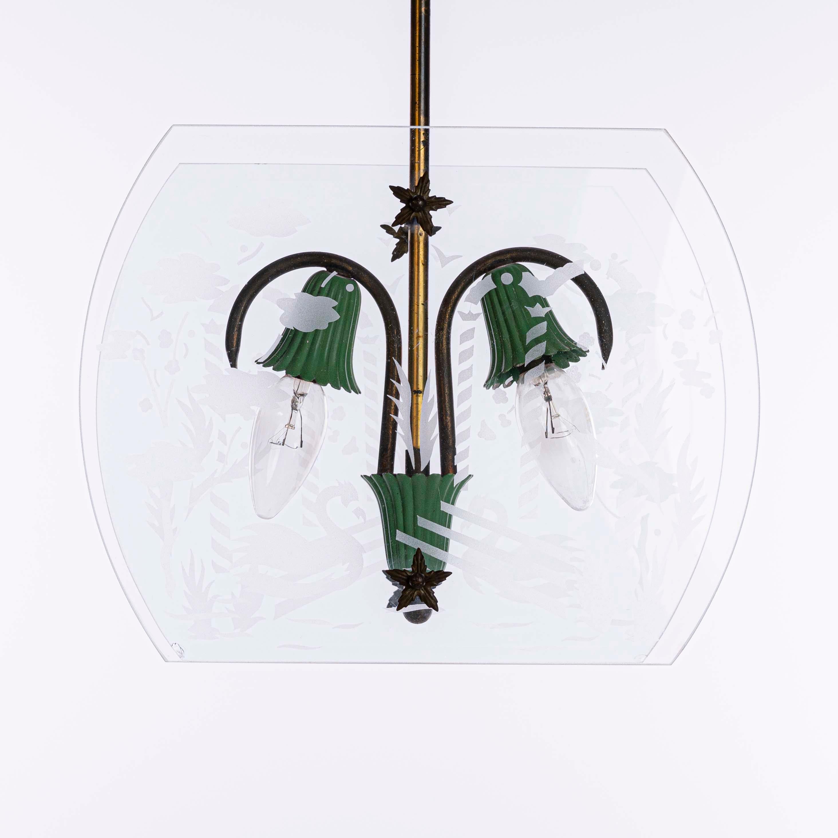 1950s Brass, Polychrome and Etched Glass Lantern in Style of Fontana Arte For Sale 1
