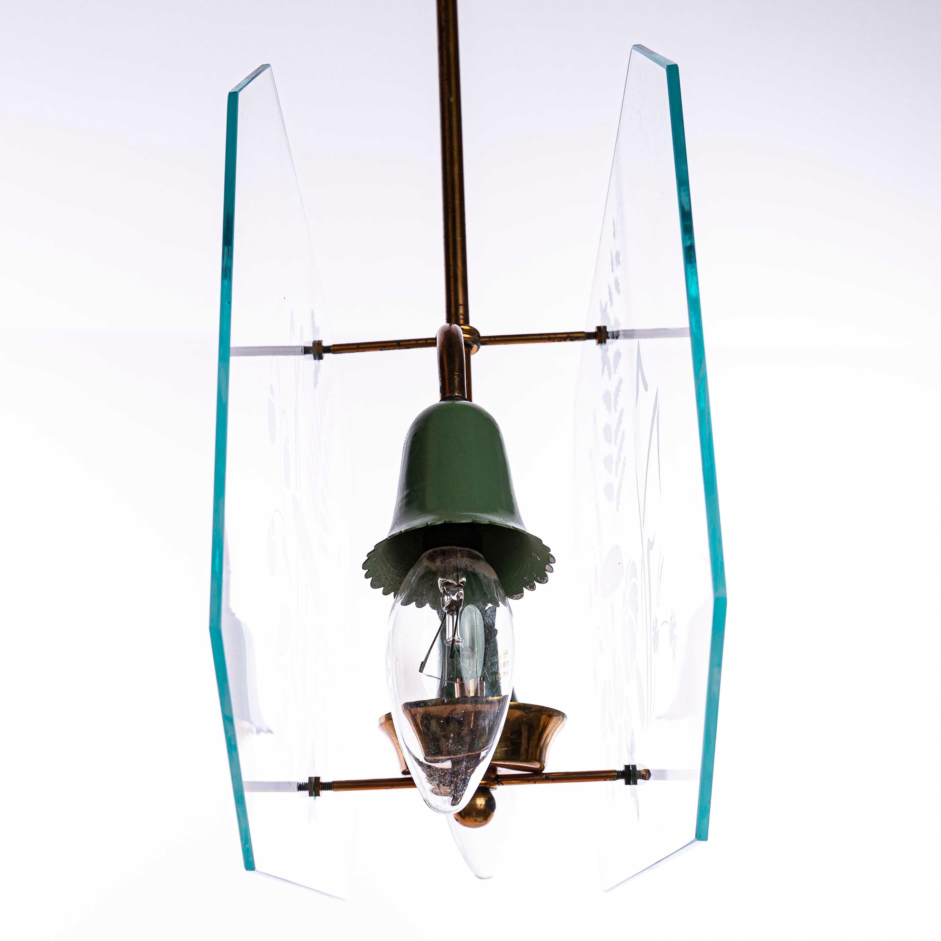 1950s Brass, Polychrome and Etched Glass Lantern in Style of Fontana Arte In Fair Condition For Sale In Schoorl, NL