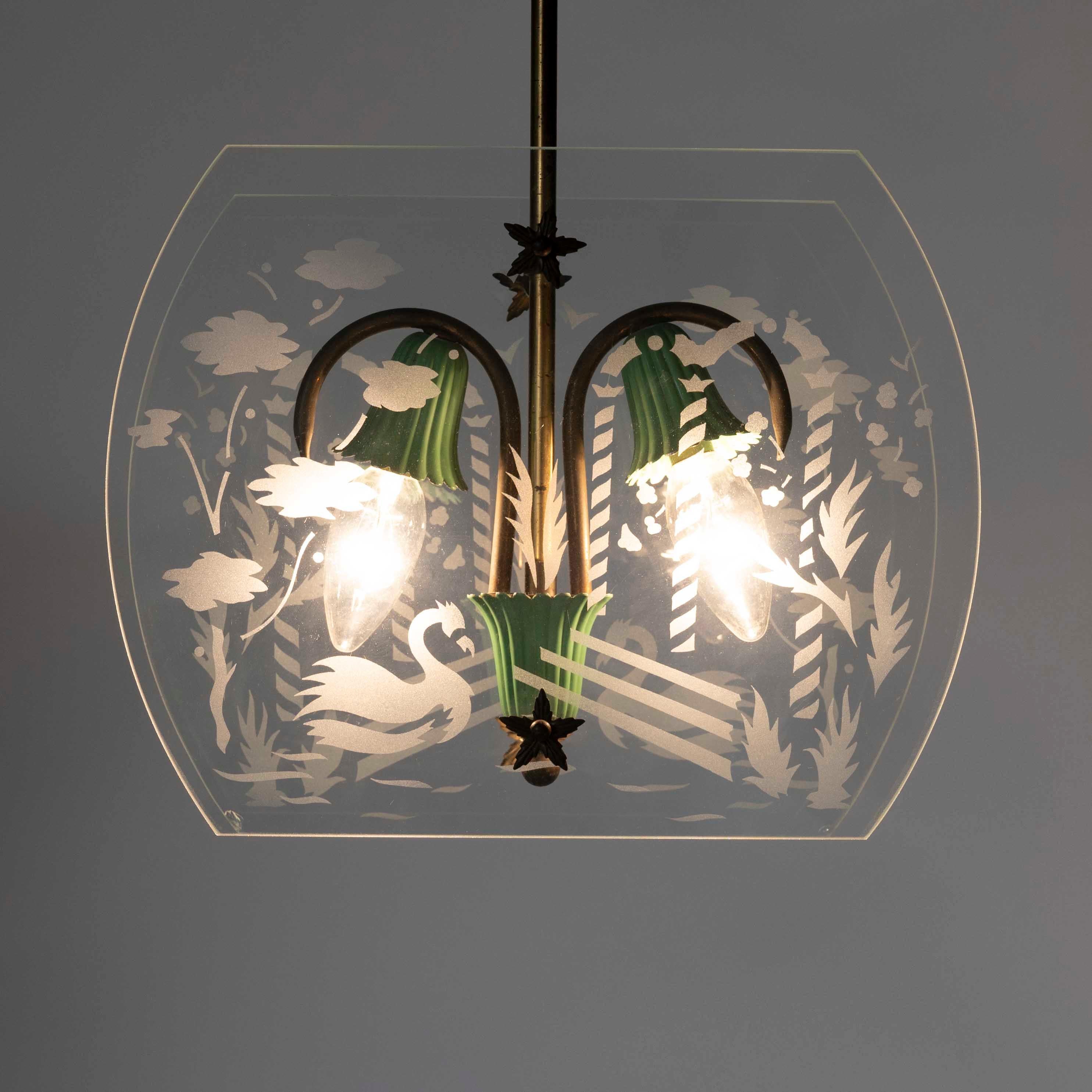 1950s Brass, Polychrome and Etched Glass Lantern in Style of Fontana Arte In Distressed Condition For Sale In Schoorl, NL