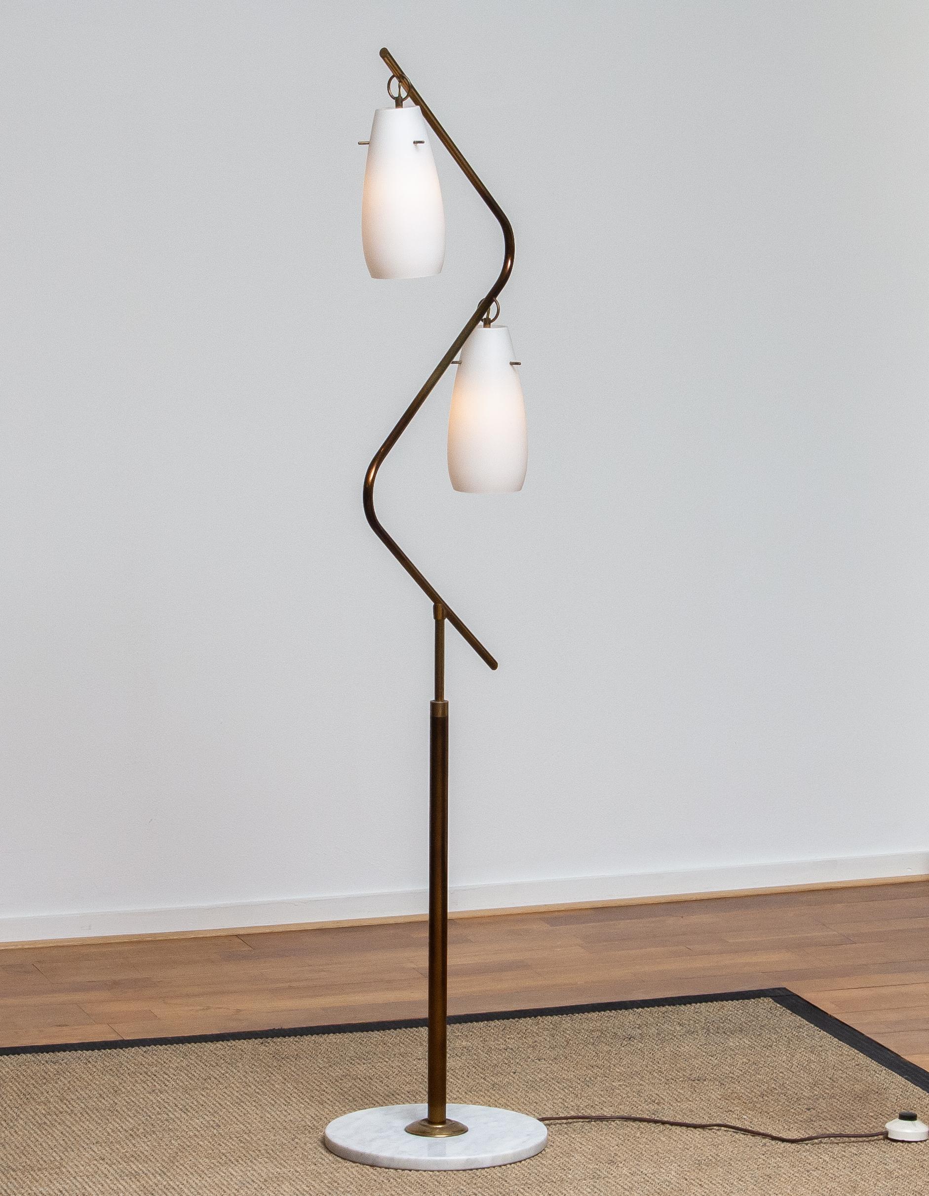 1950s Brass Stilnovo Floor Lamp with Two Opaline Shades or Vases, Italy 1