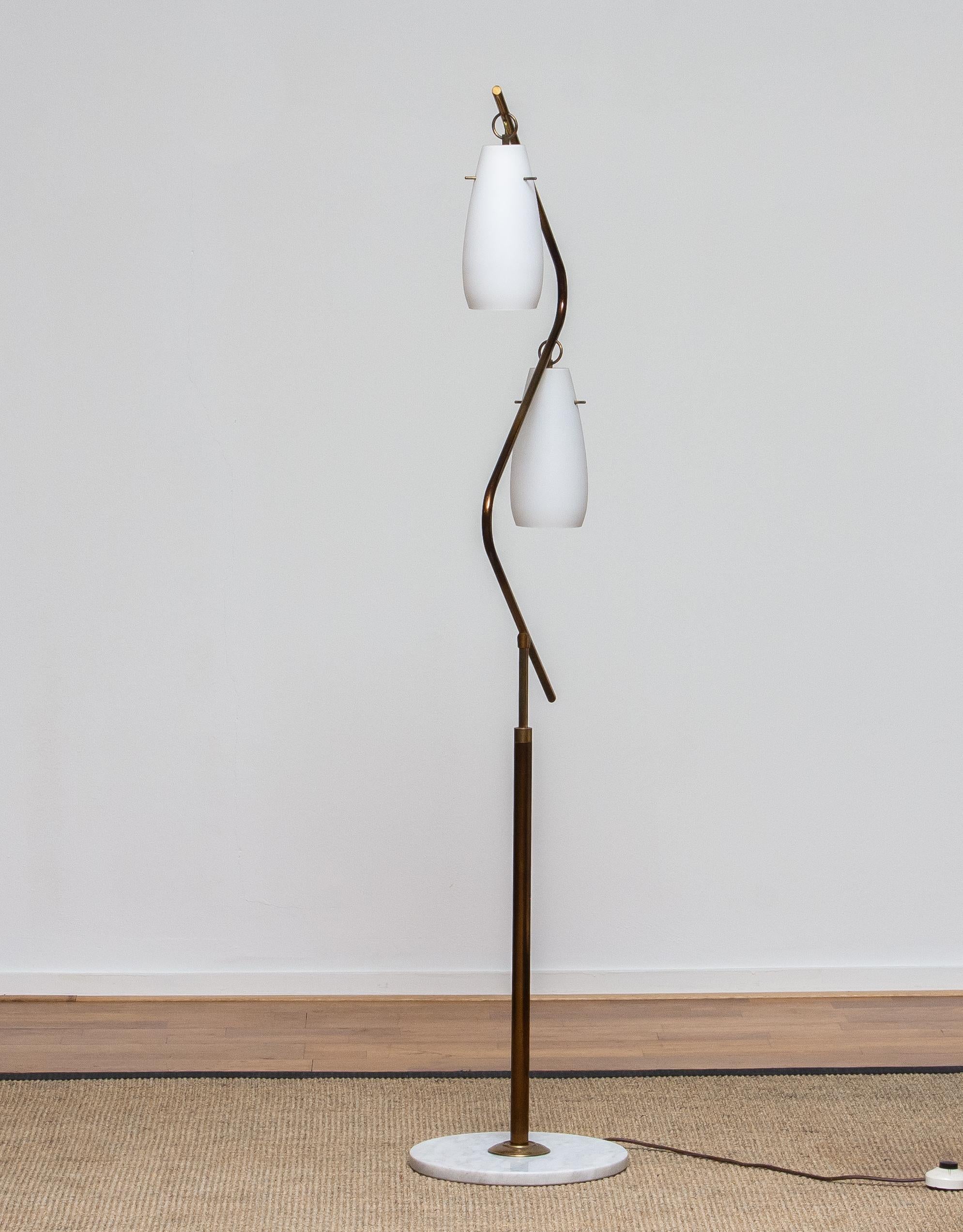 1950s Brass Stilnovo Floor Lamp with Two Opaline Shades or Vases, Italy 3