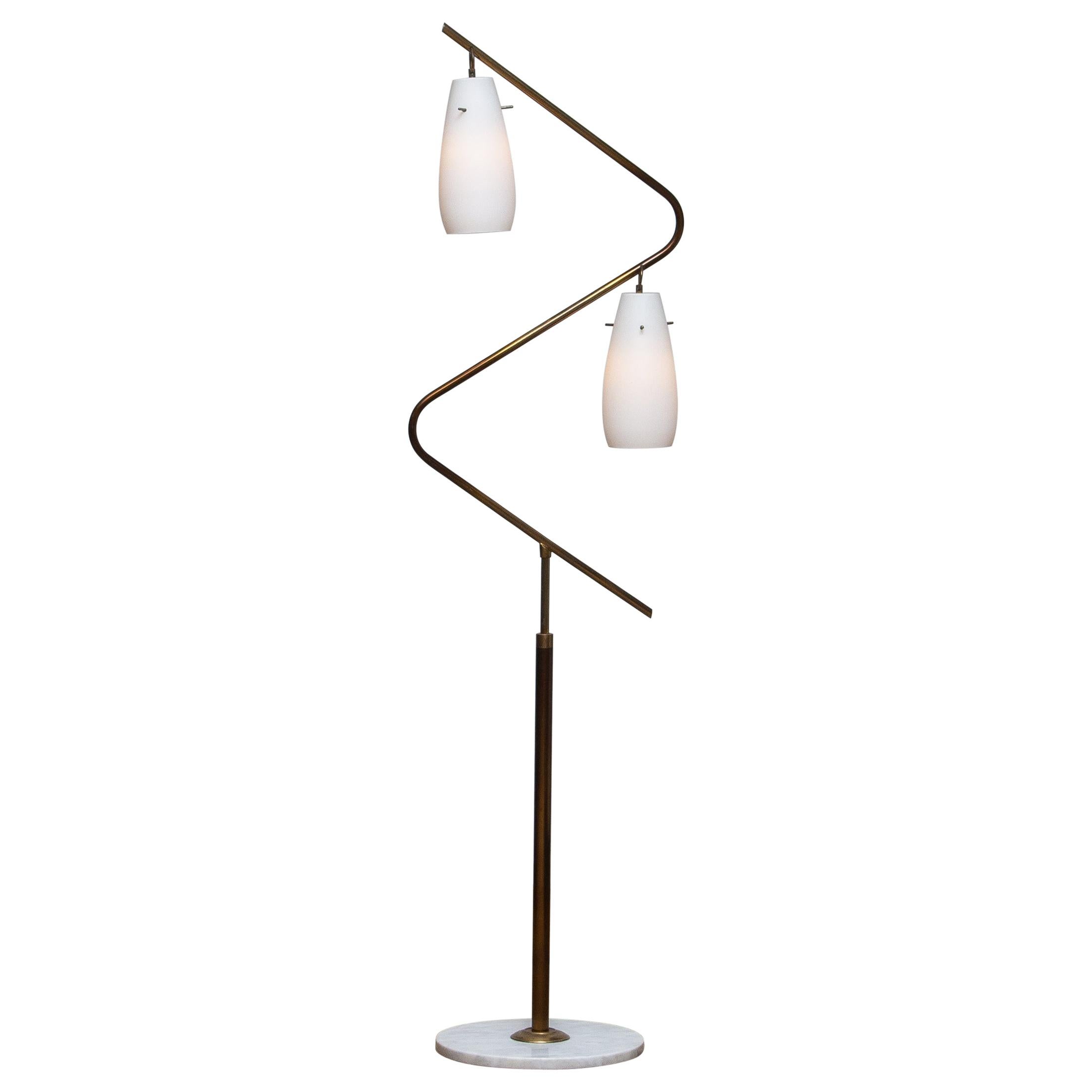 1950s Brass Stilnovo Floor Lamp with Two Opaline Shades or Vases, Italy