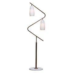 1950s Brass Stilnovo Floor Lamp with Two Opaline Shades / Vases, Italy