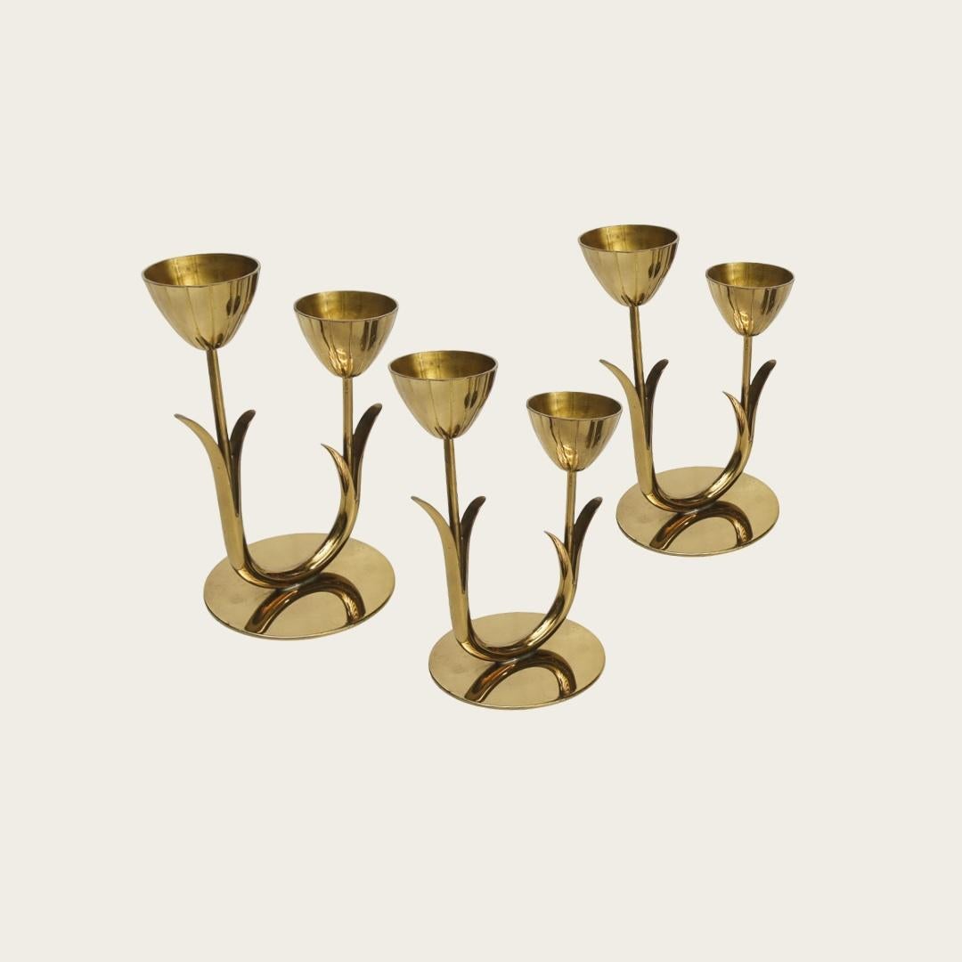 Mid-20th Century 1950s Brass Tulip Candle Holders by Gunnar Ander for Ystad Metall For Sale