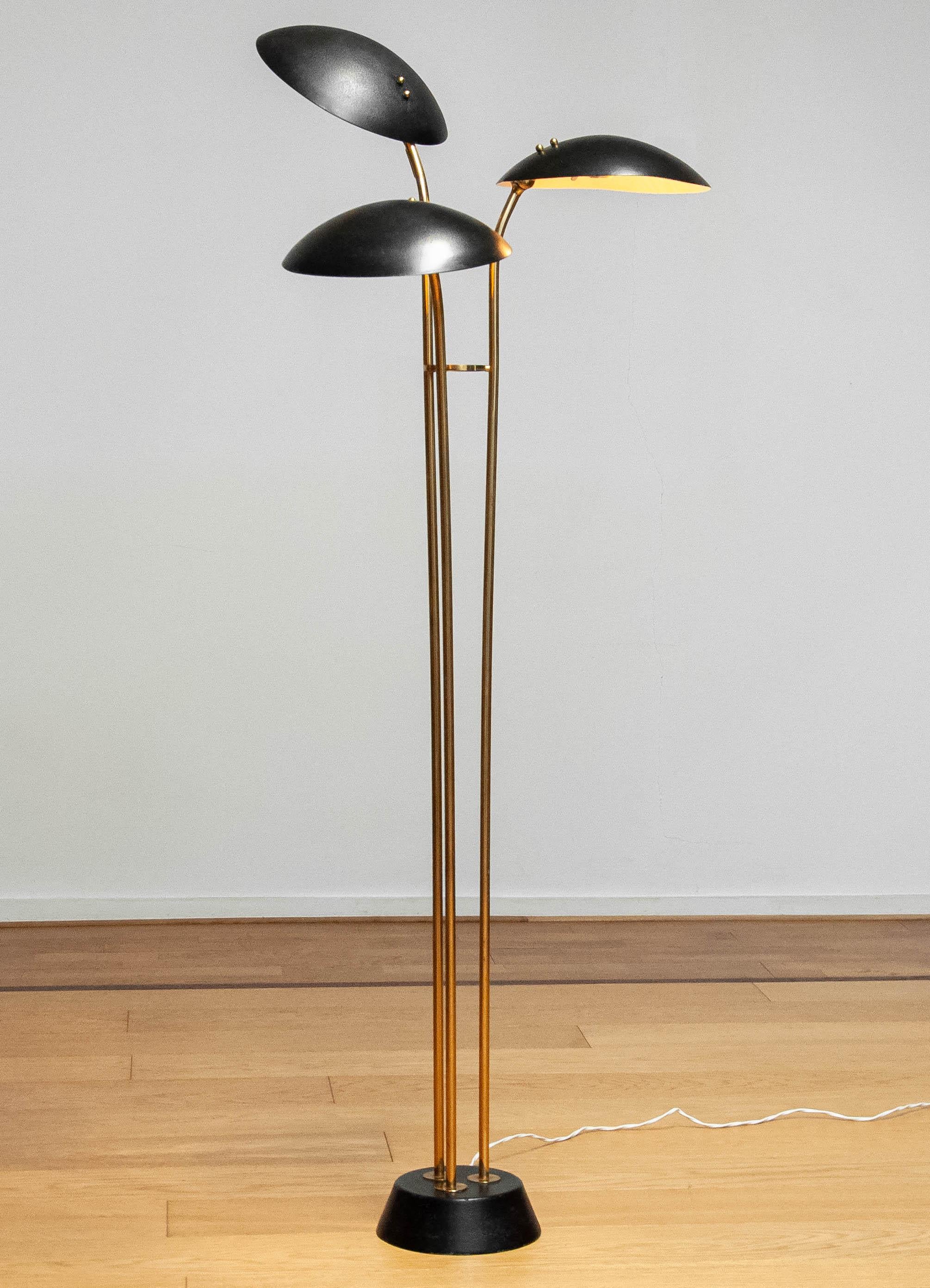 1950s Brass With Black Shades Floor Lamp By Bröderna Malmströms metallvarufabrik For Sale 3