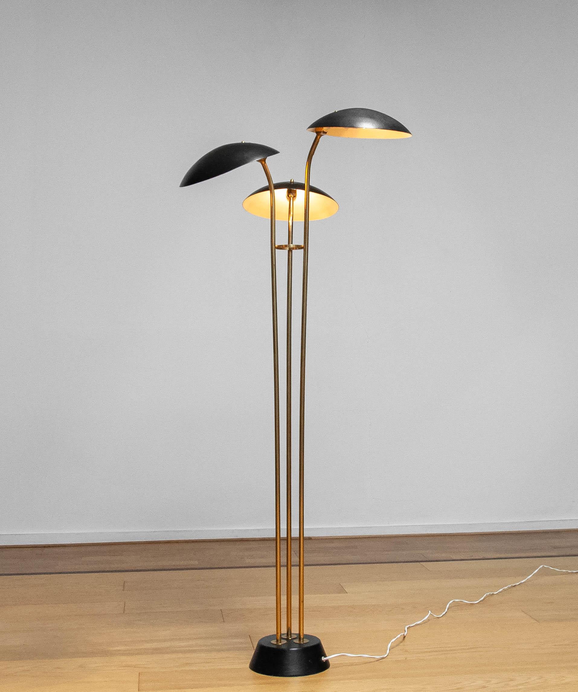 Mid-20th Century 1950s Brass With Black Shades Floor Lamp By Bröderna Malmströms metallvarufabrik For Sale