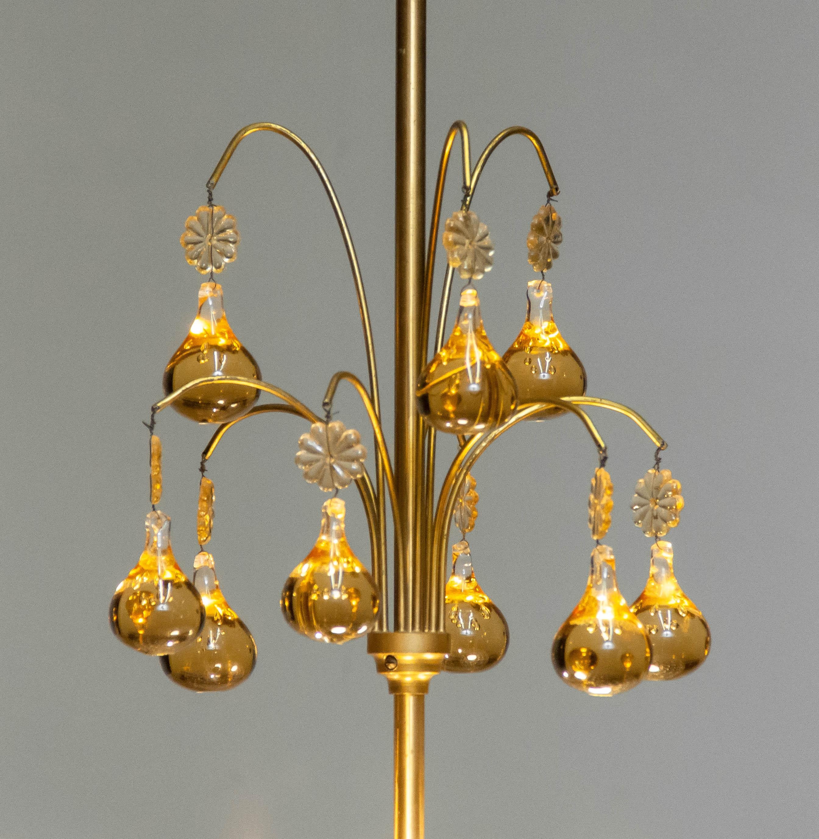 Mid-Century Modern 1950's Brass with Glass Bowl Pendant Decorated with Amber Teardrops by Orrefors