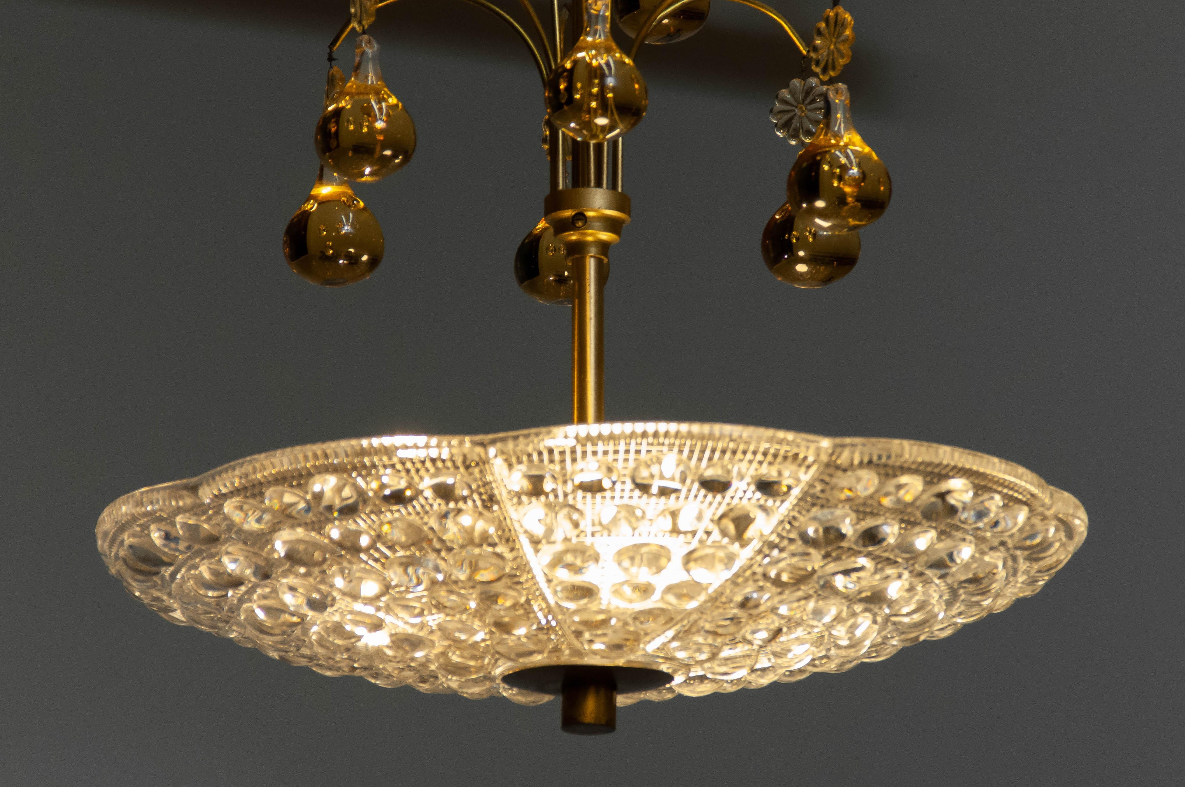 Swedish 1950's Brass with Glass Bowl Pendant Decorated with Amber Teardrops by Orrefors