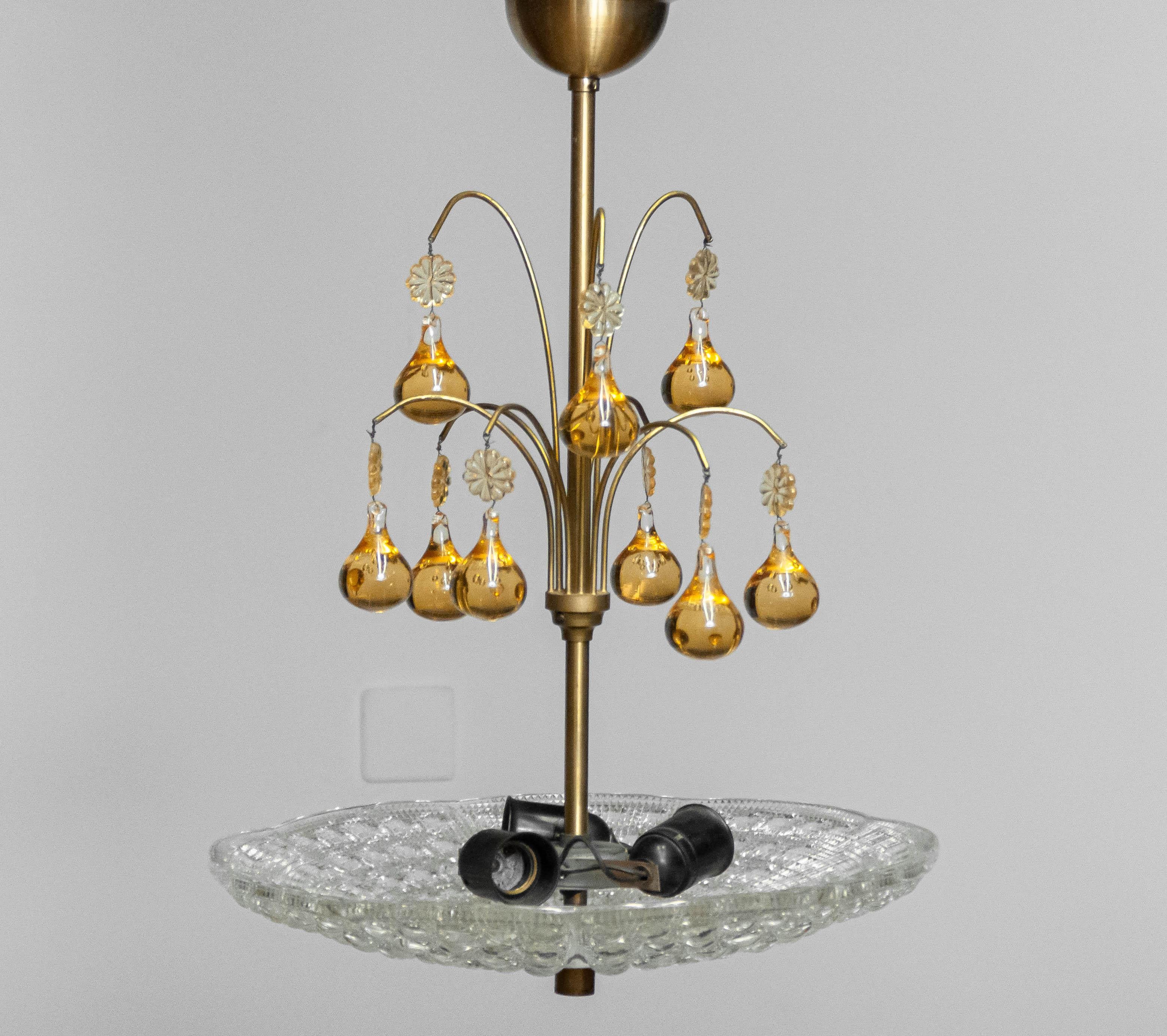 Mid-20th Century 1950's Brass with Glass Bowl Pendant Decorated with Amber Teardrops by Orrefors
