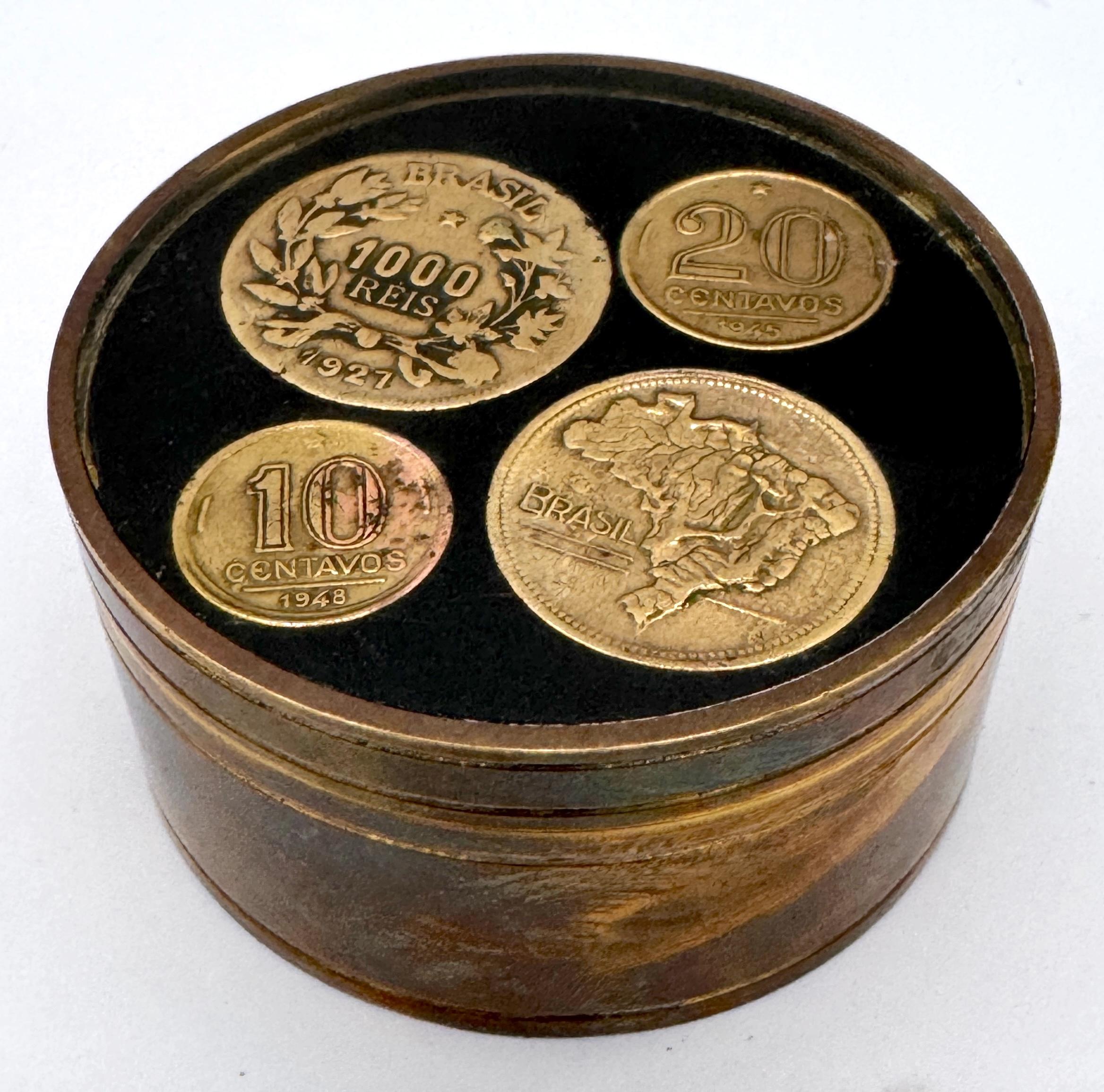 Mid-20th Century Brazilian Bronze Souvenir Box with Inlaid Historic Coins by Alberti, Brazil, circa 1950s

Dimensions: 2.5