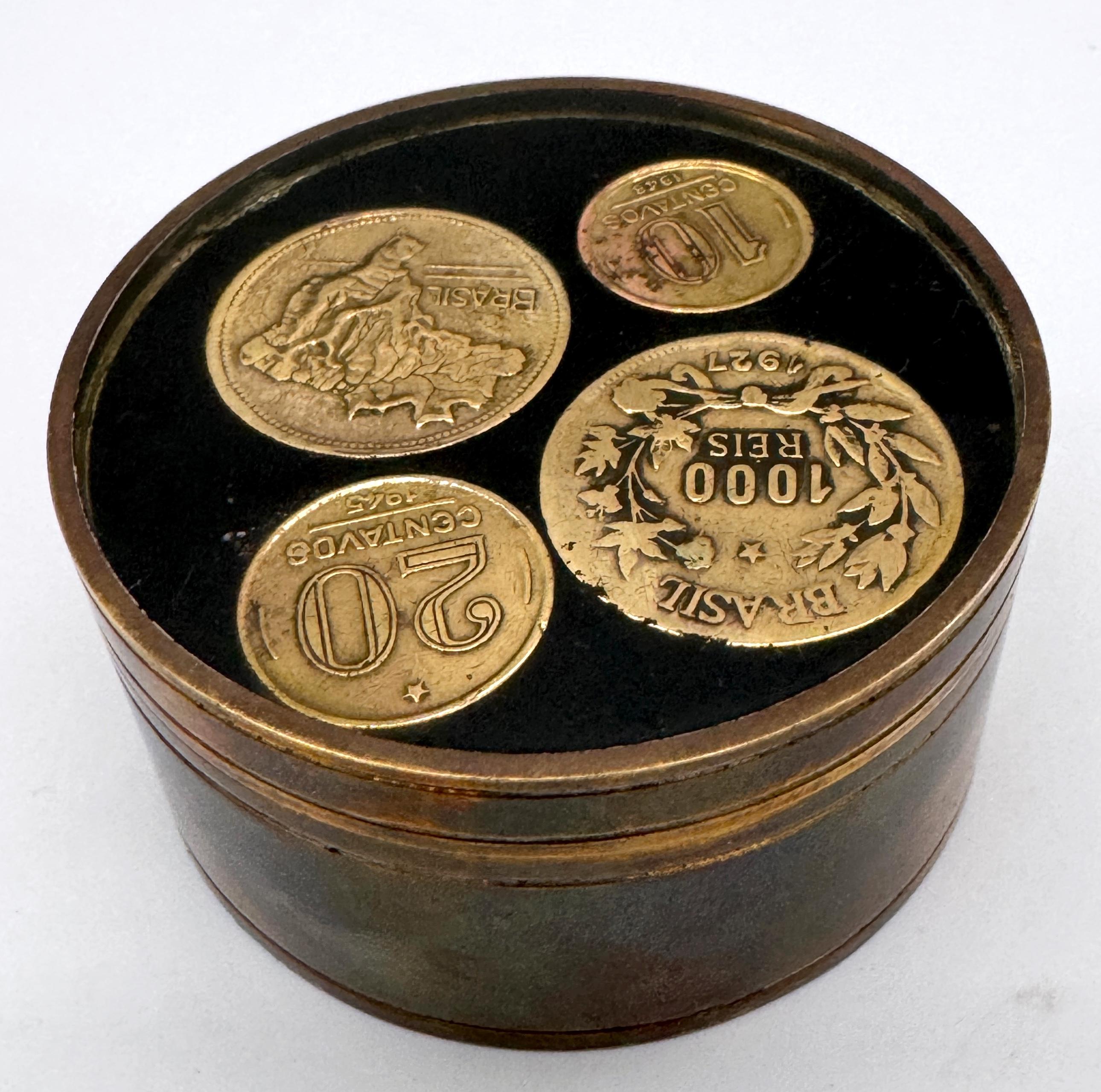Mid-Century Modern 1950s Brazilian Bronze Souvenir Box with Inlaid Historic Coins by Alberti For Sale