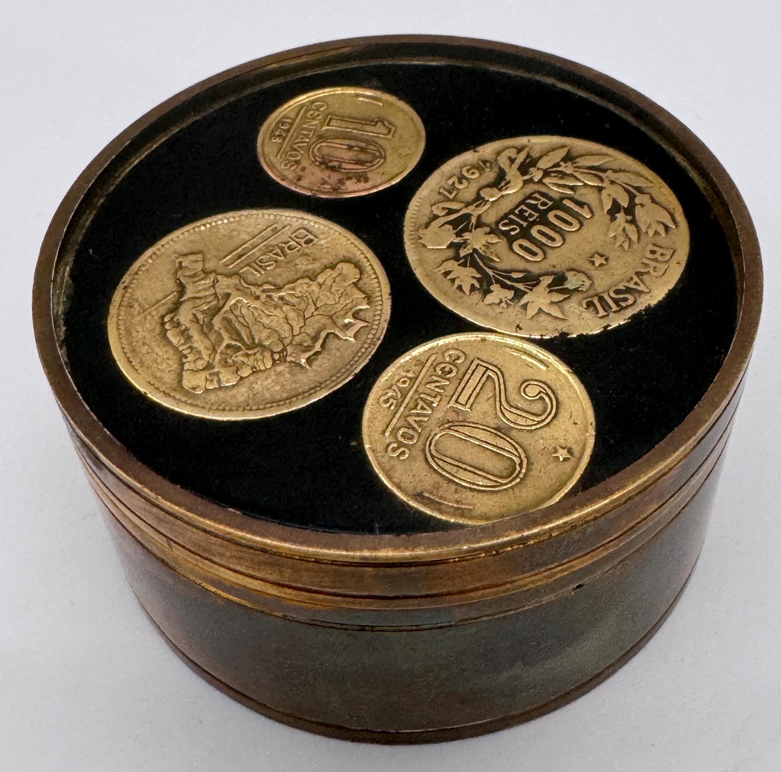 Cast 1950s Brazilian Bronze Souvenir Box with Inlaid Historic Coins by Alberti For Sale