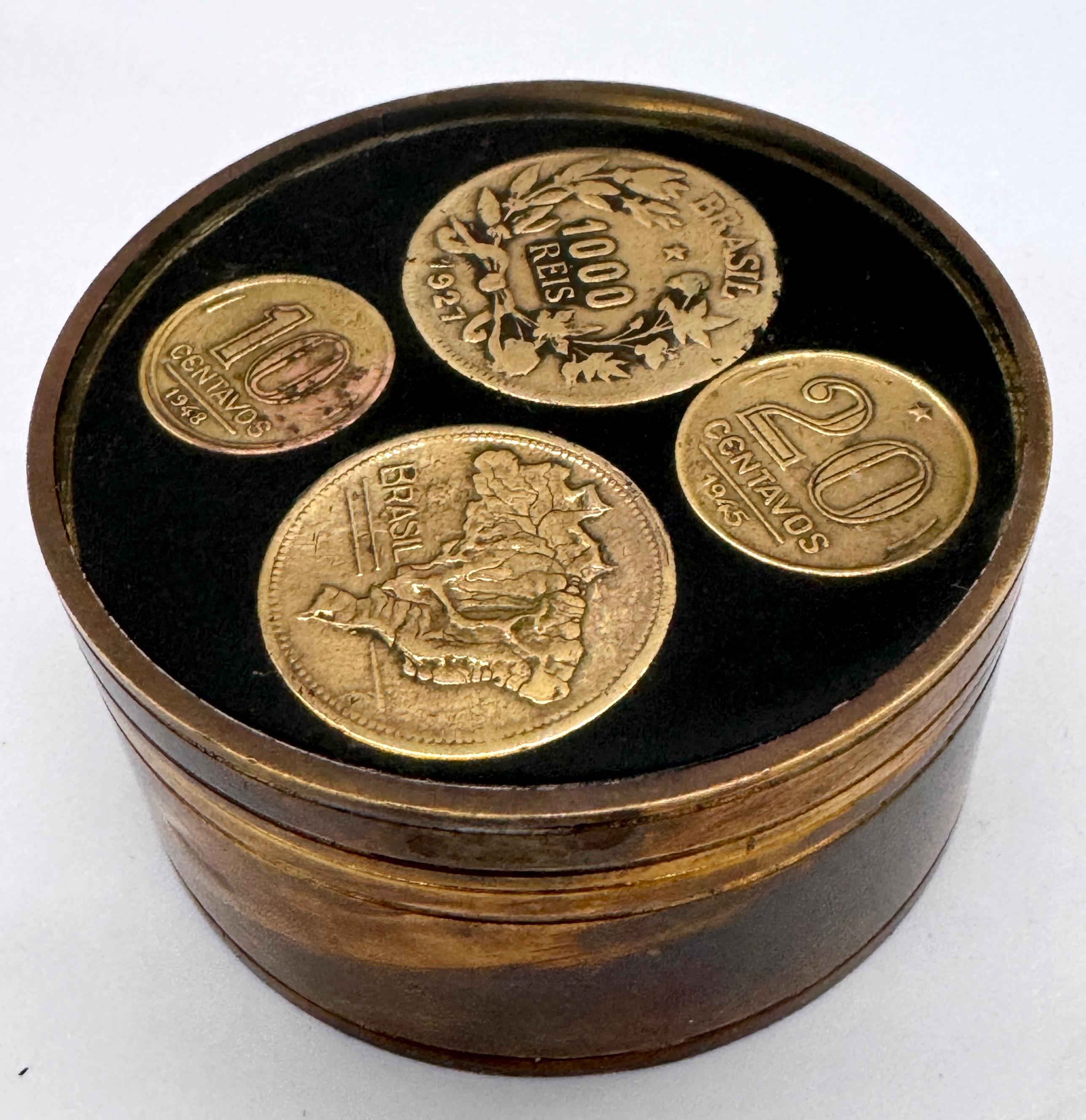 1950s Brazilian Bronze Souvenir Box with Inlaid Historic Coins by Alberti In Good Condition For Sale In West Palm Beach, FL