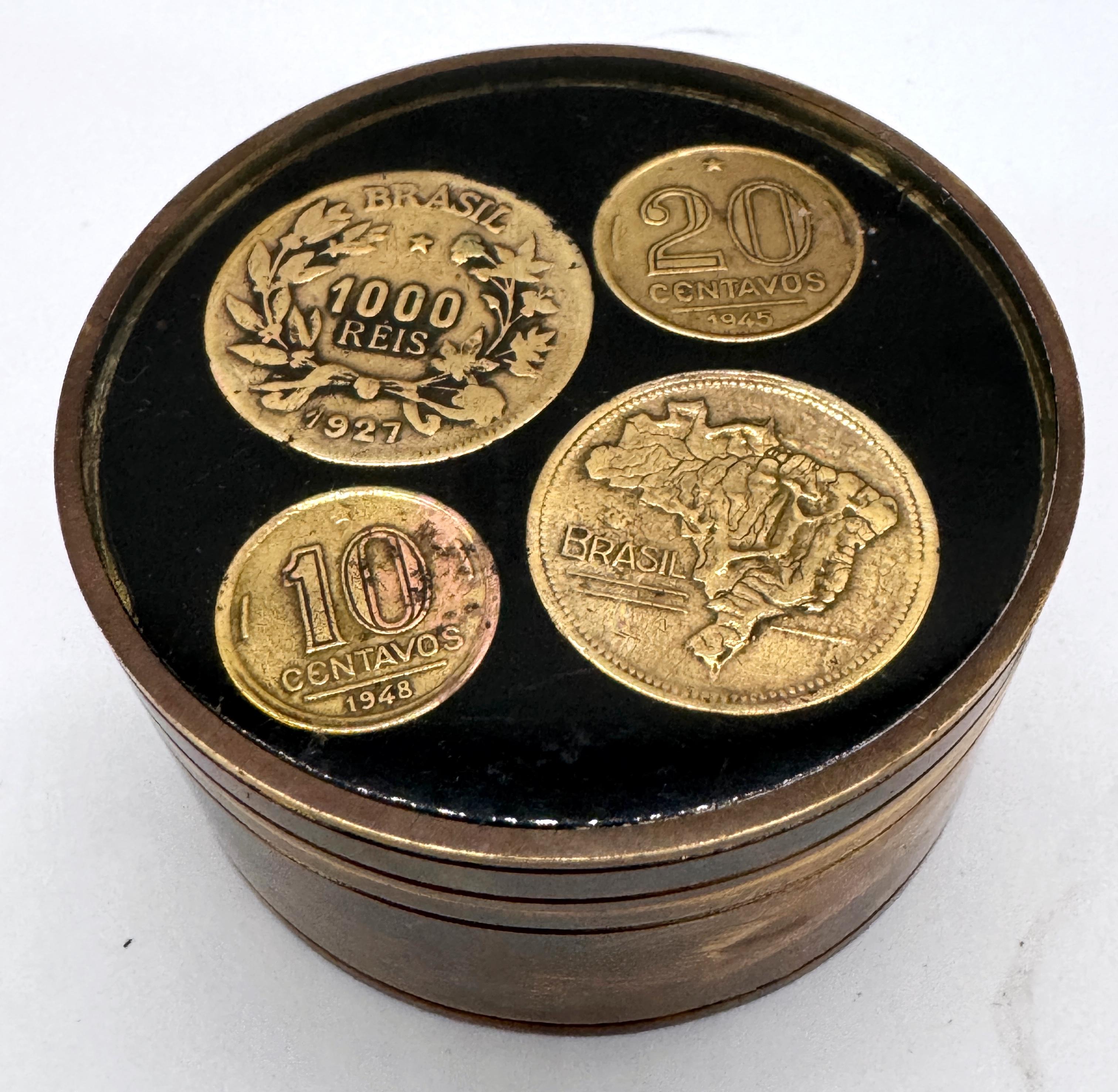 20th Century 1950s Brazilian Bronze Souvenir Box with Inlaid Historic Coins by Alberti For Sale