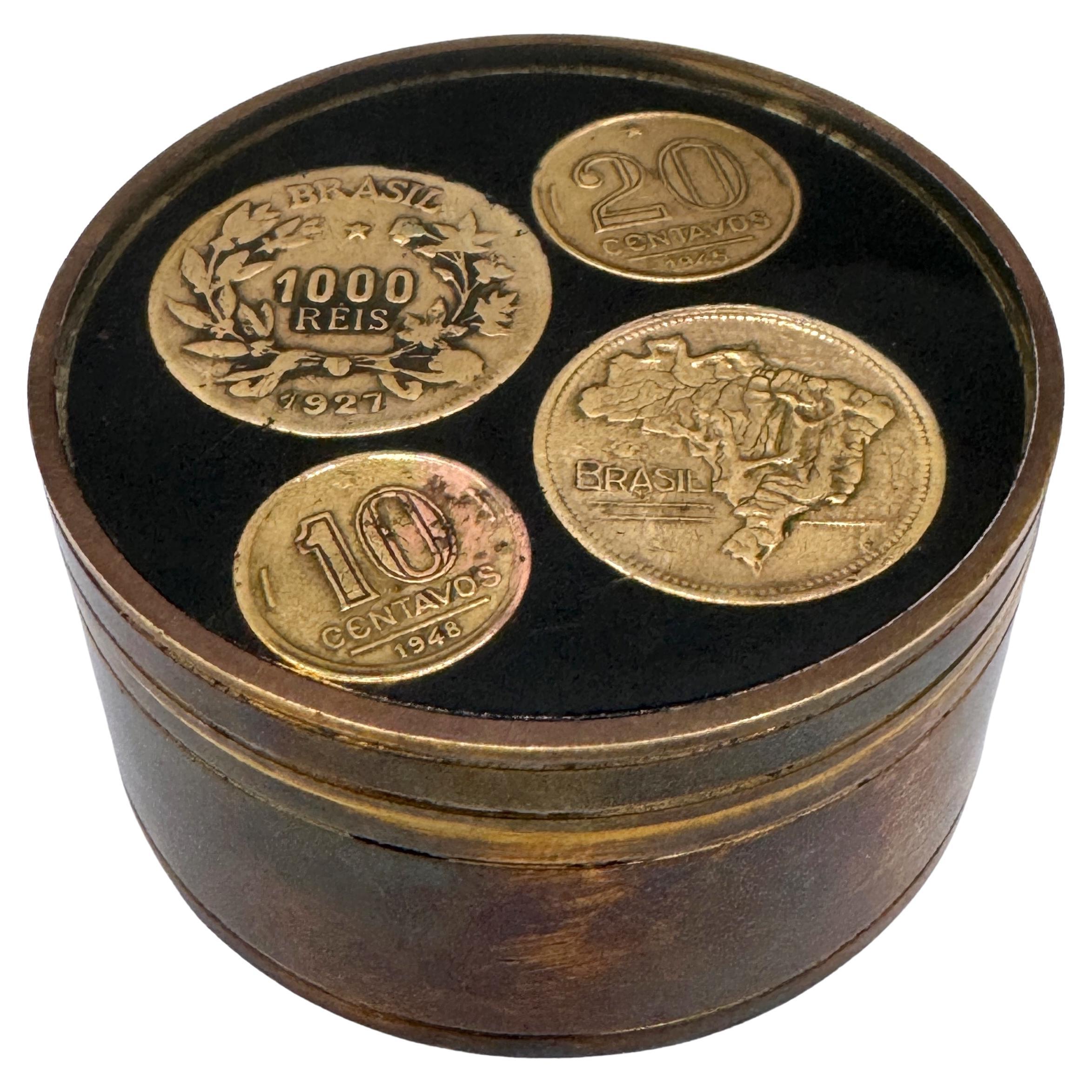 1950s Brazilian Bronze Souvenir Box with Inlaid Historic Coins by Alberti For Sale
