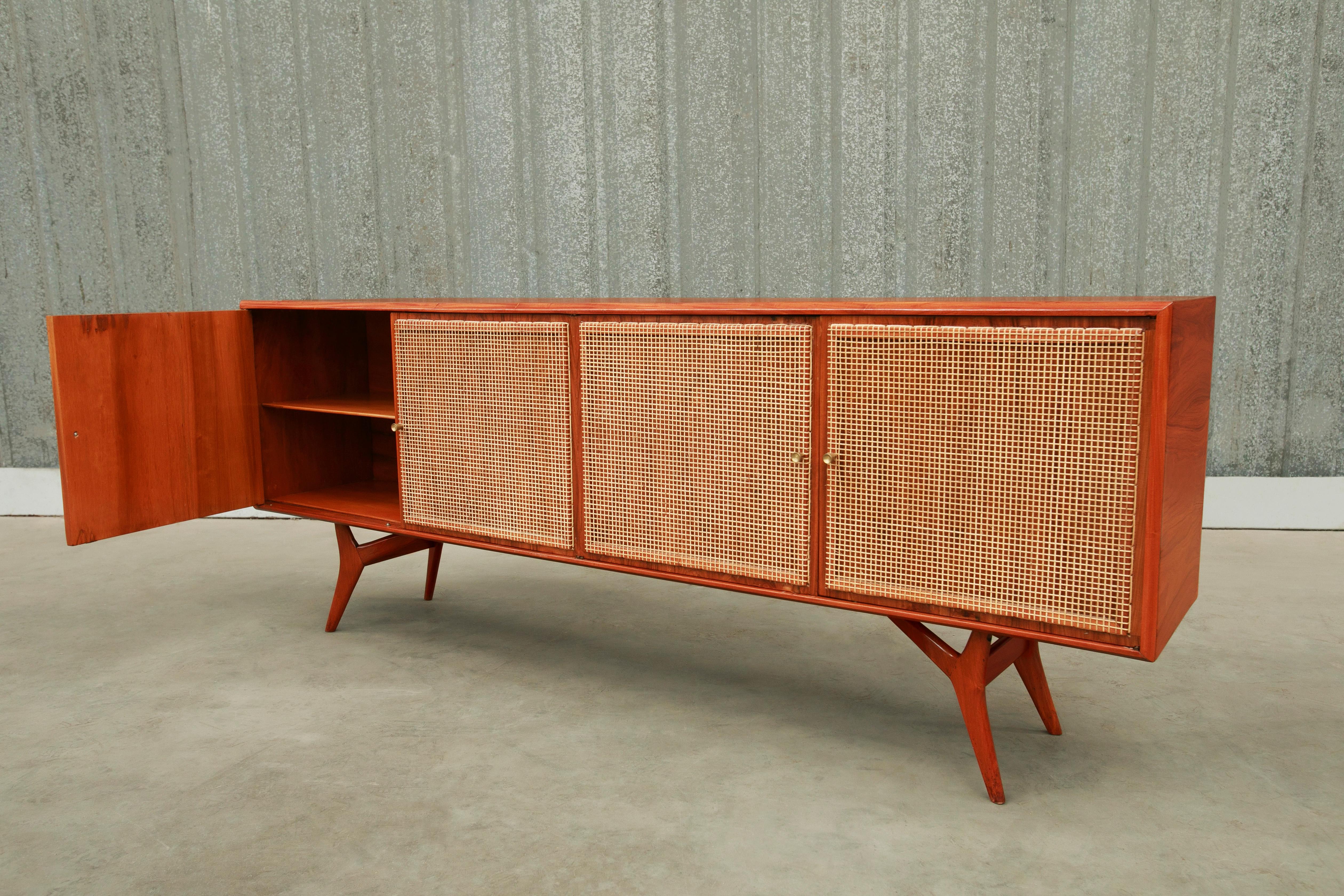Woodwork 1950s Brazilian Modern Credenza in Hardwood & Caning by Forma For Sale