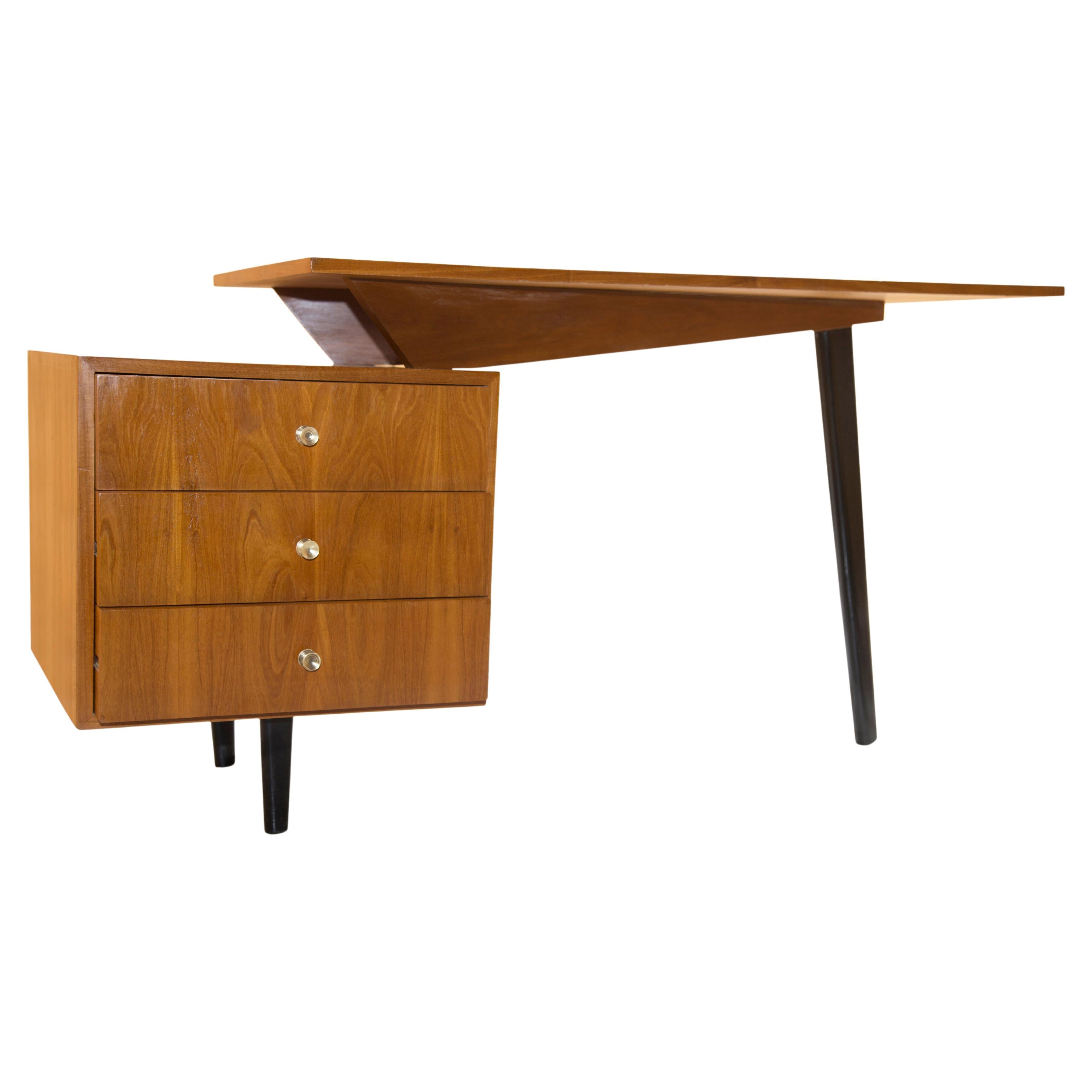 1950's Brazilian Modern Three Legged Desk in Hardwood by Moveis Fratte