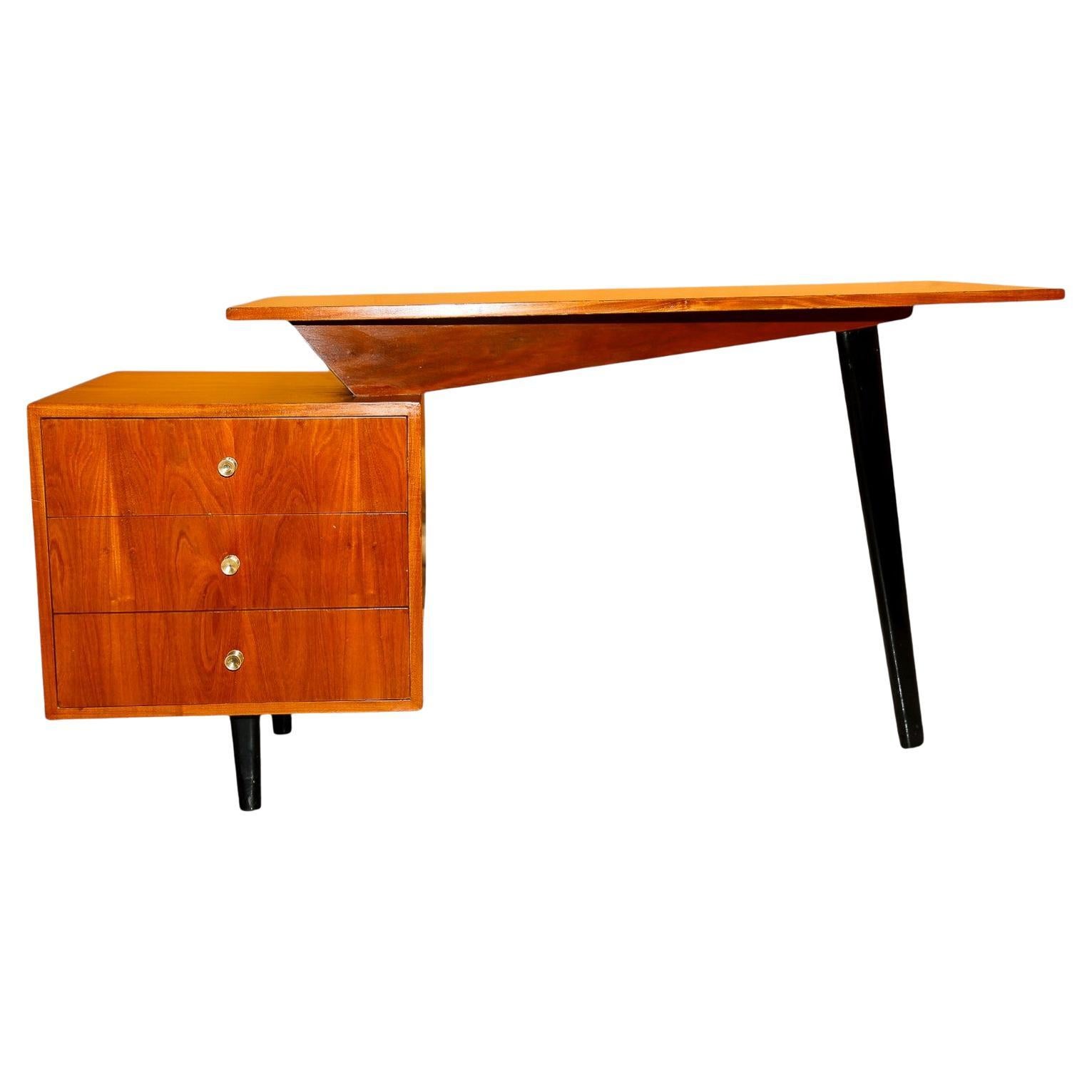 1950's Brazilian Modern Three Legged Desk in Hardwood by Moveis Fratte For Sale